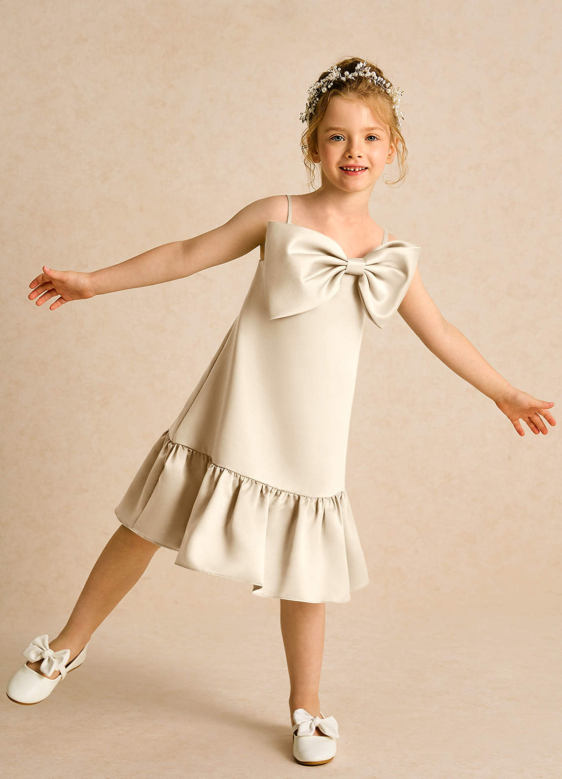 Azazie Kiwi Flower Girl Dresses Champagne A-Line Spaghetti Strap Matte Satin Dress image1