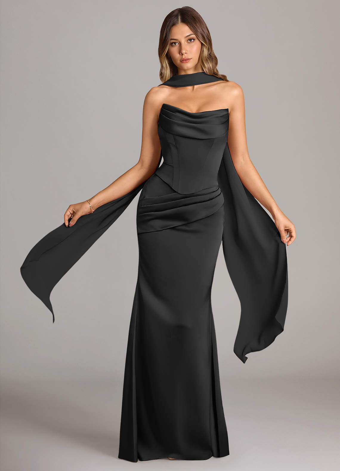 Azazie Sorrel Bridesmaid Dresses Black Mermaid Strapless Stretch Satin Convertible Dress image1