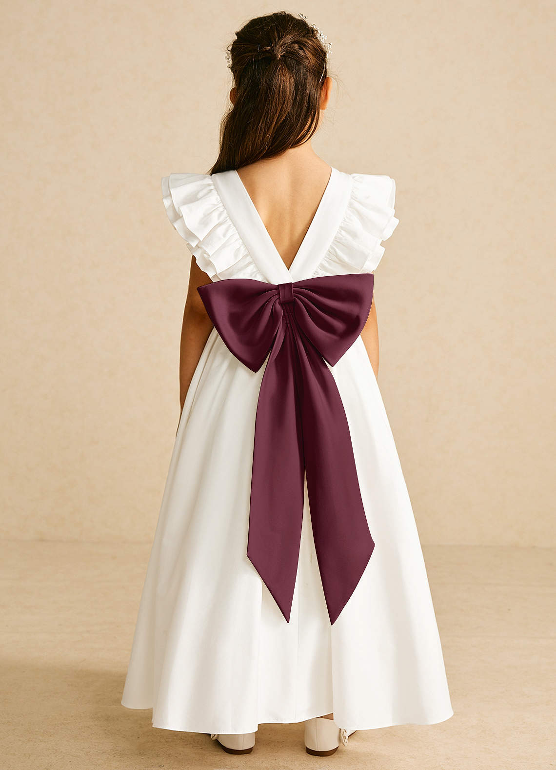 Azazie A-Line Scoop Neck Ankle-Length Matte Satin Flower Girl Dresses - Ivory/Cabernet