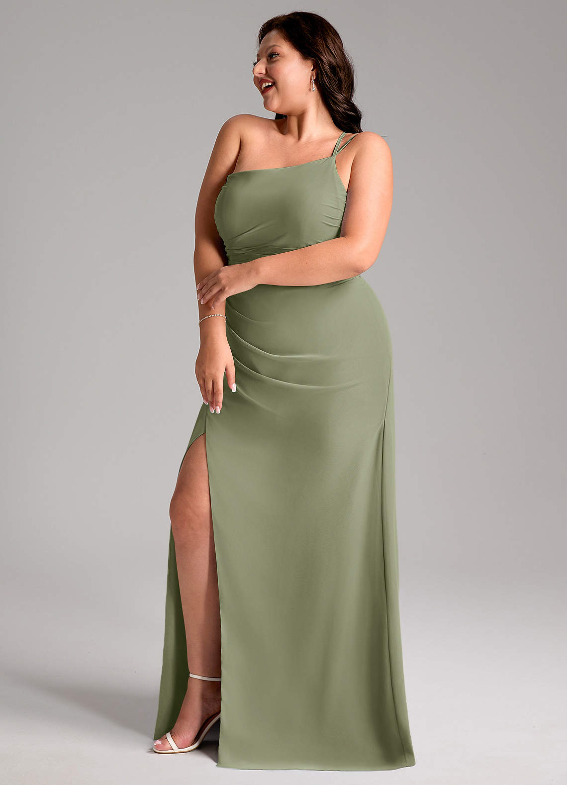 Azazie Eren Jurken voor bruidsmeisjes Jurk van Chiffon met Kolom One-Shoulder Pistache image10