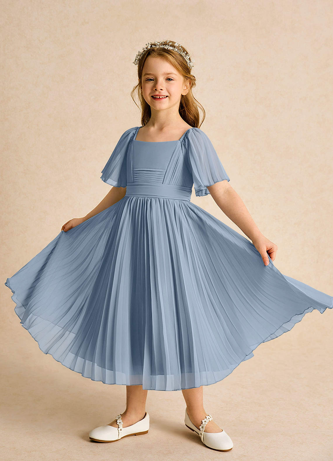 Azazie Gisele Abiti da Ragazza di Fiori Abito A-Line in Chiffon Plissettato Blu Polveroso image3
