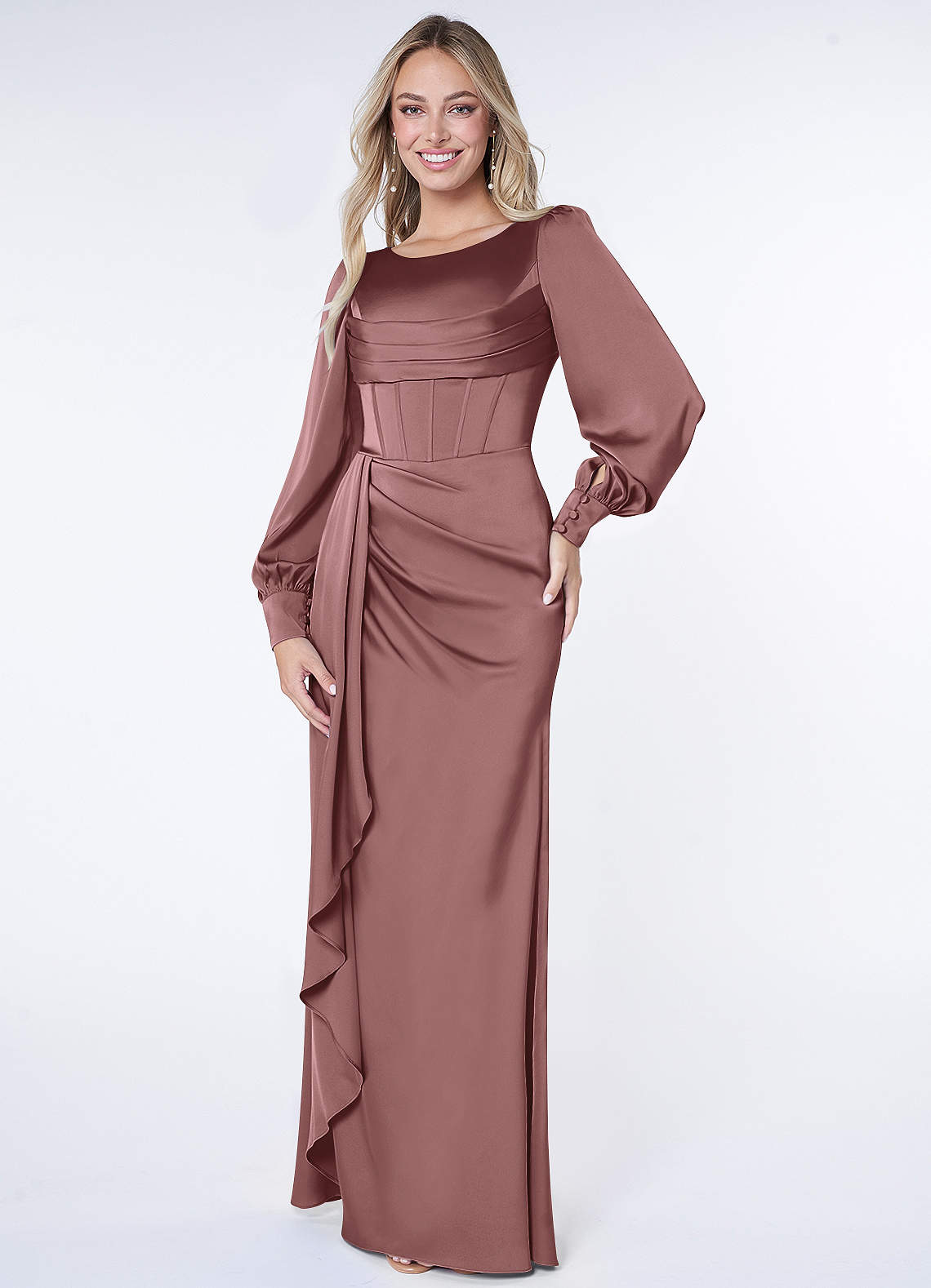Azazie Raye Robes de demoiselle d'honneur Robe Sirène en Satin extensible Manche longue Mauve Vintage image1
