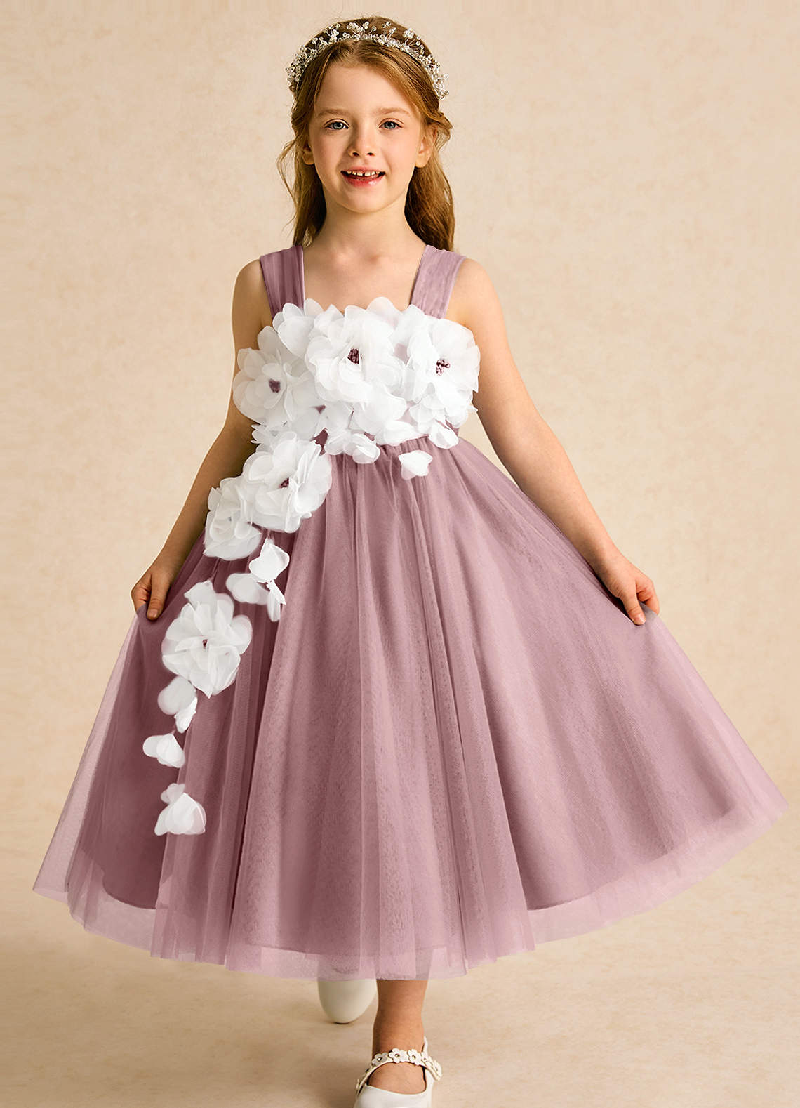 Azazie Dovey Flower Girl Dresses Dusty Rose Ball-Gown Bow Tulle Dress image1
