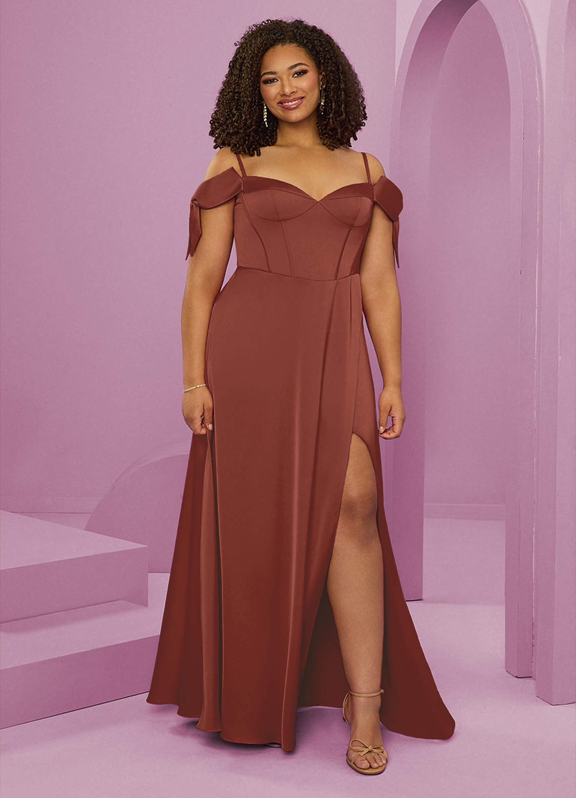 Barbie ♥ Azazie Bridesmaid Dresses Auburn A-Line Off the Shoulder Stretch Satin Dress image1
