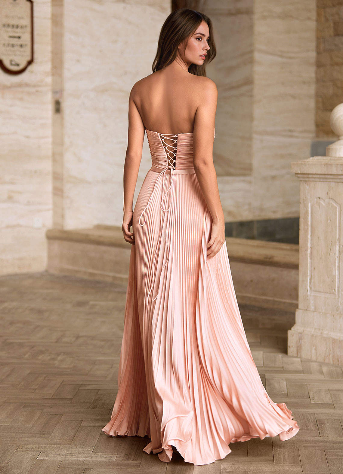 pearl pink formal dresses Long Pink Pearlized Formal Dress with Cape Blush / 2