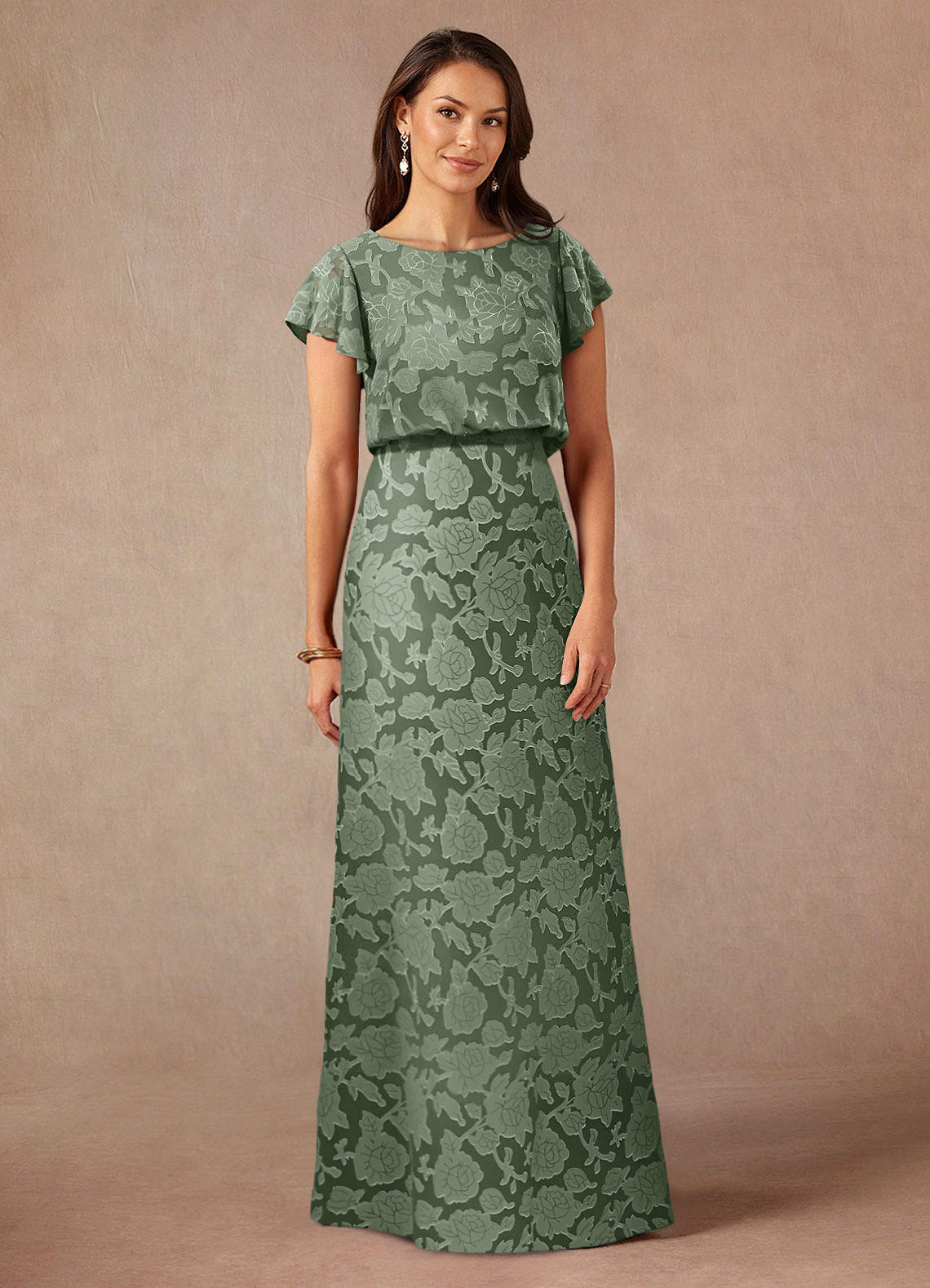 Azazie Lehi vestidos de madre de la novia Vestido de Matcha de Devorado Floral de Corte En A con Cuello de barco image2