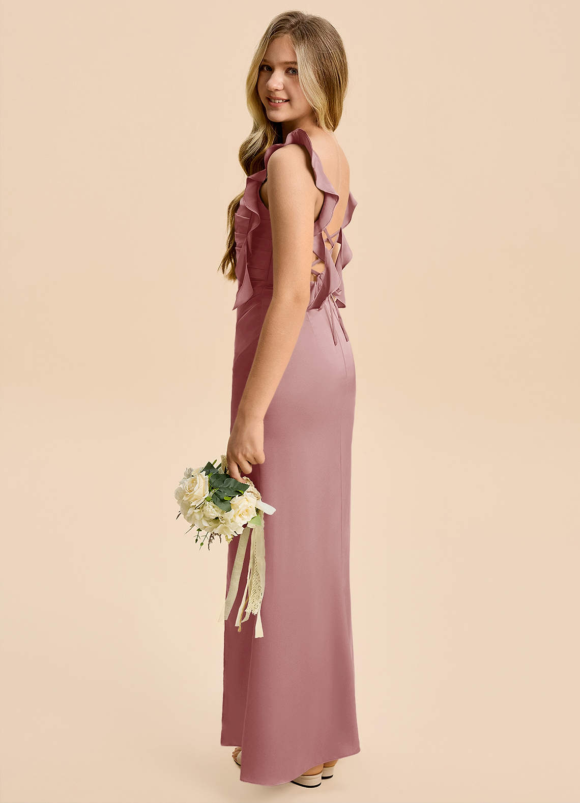 Azazie Jessamine Junior Dusty Rose A-Line Ruched Stretch Satin Dress image4