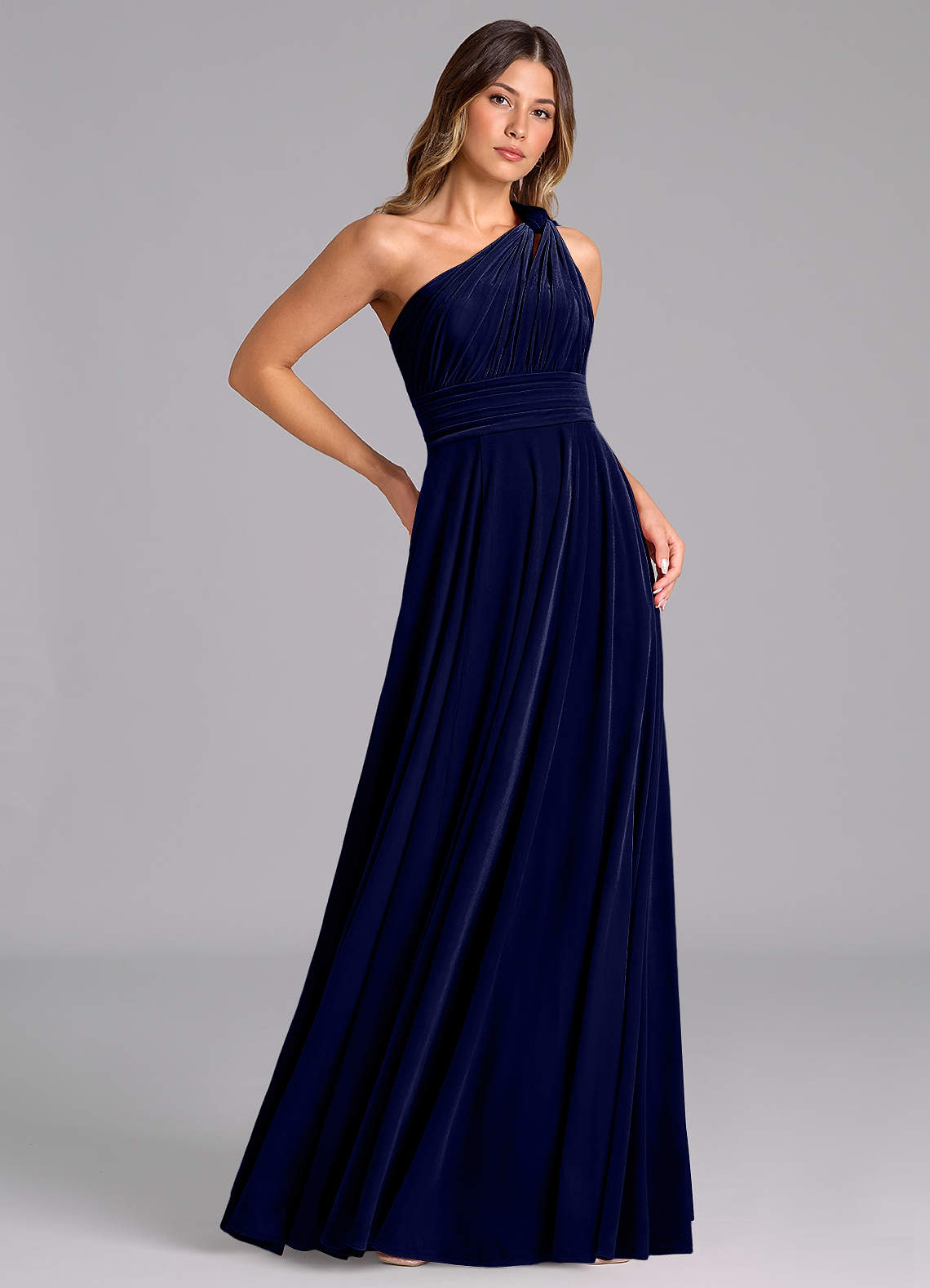 Azazie Charlize Bridesmaid Dresses Dark Navy A-Line One Shoulder Velvet Dress image3