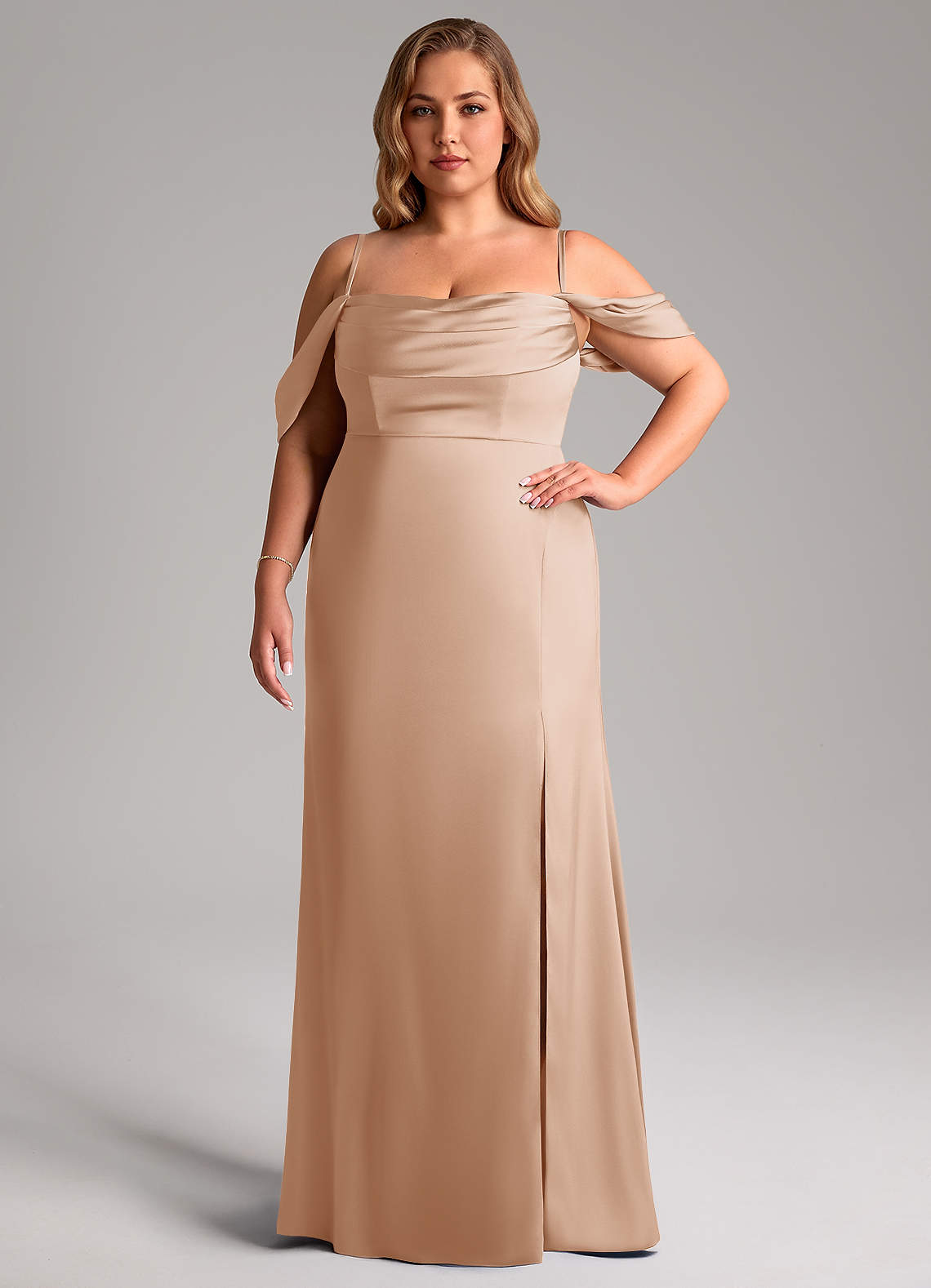 Azazie Saige Bridesmaid Dresses English Rose Sheath Off the Shoulder Stretch Satin Dress image14
