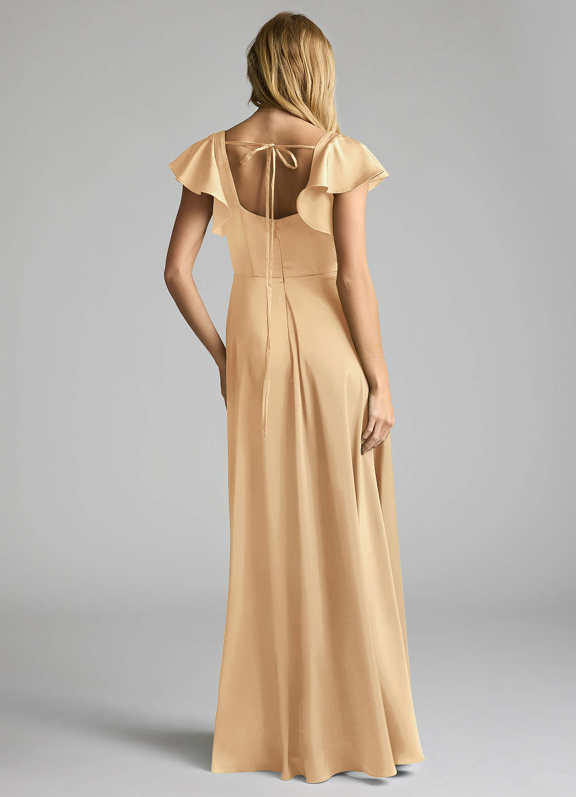 Azazie Bondi Bridesmaid Dresses Gold A-Line Bow Stretch Satin Dress image3