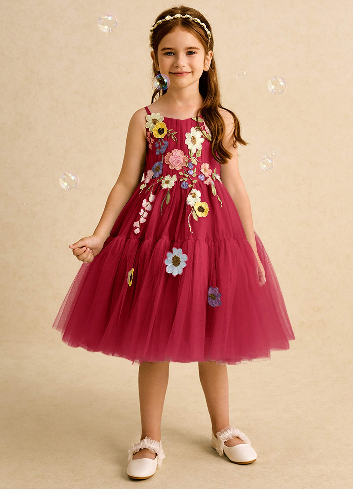 Azazie Osea Flower Girl Dresses Scarlet Ball-Gown Pleated Tulle Dress image1