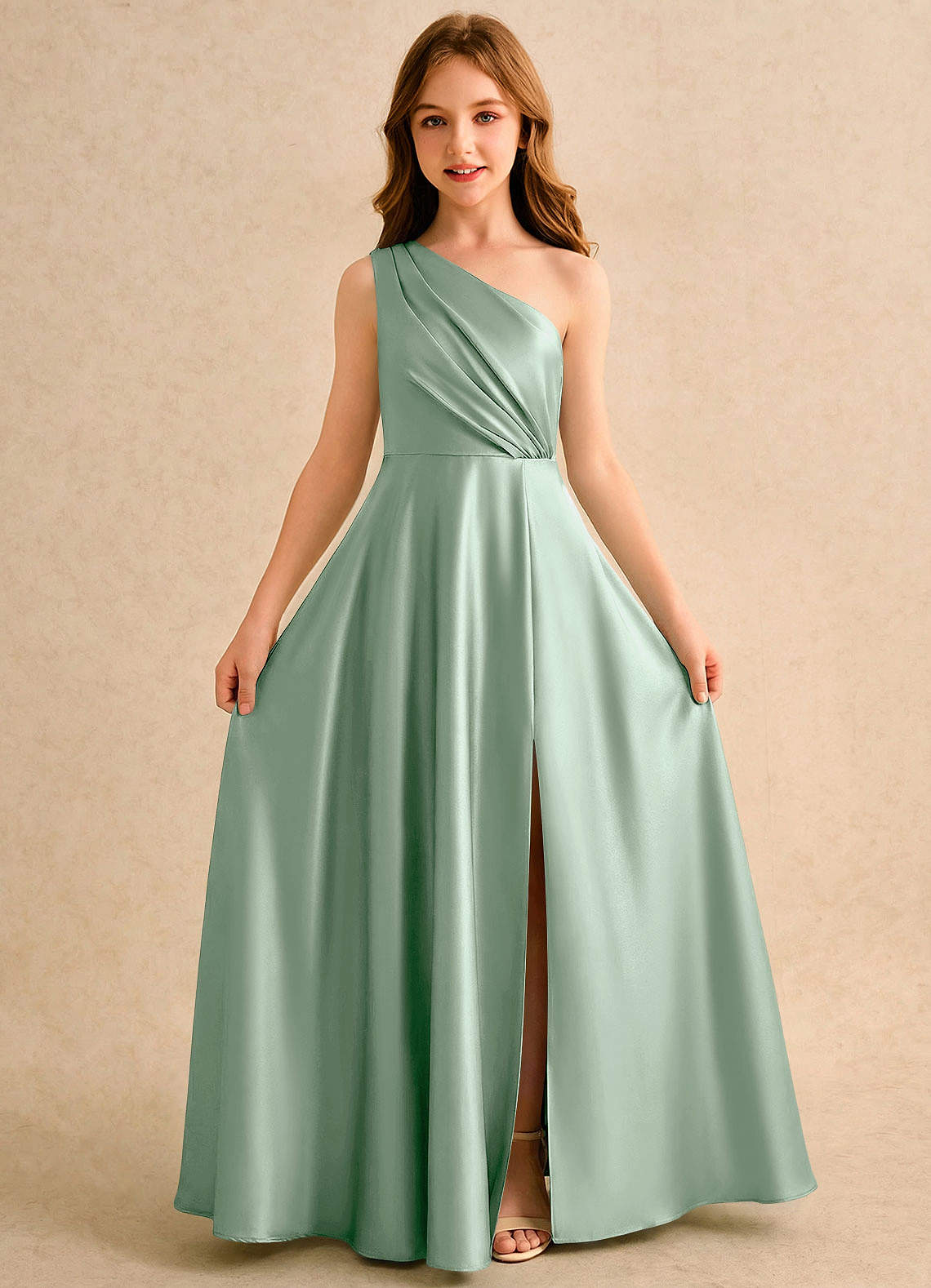 Azazie Puddles Girls Formal Flower Girl Klänningar Klä A-Line i Stretch Satin Ena axeln image4