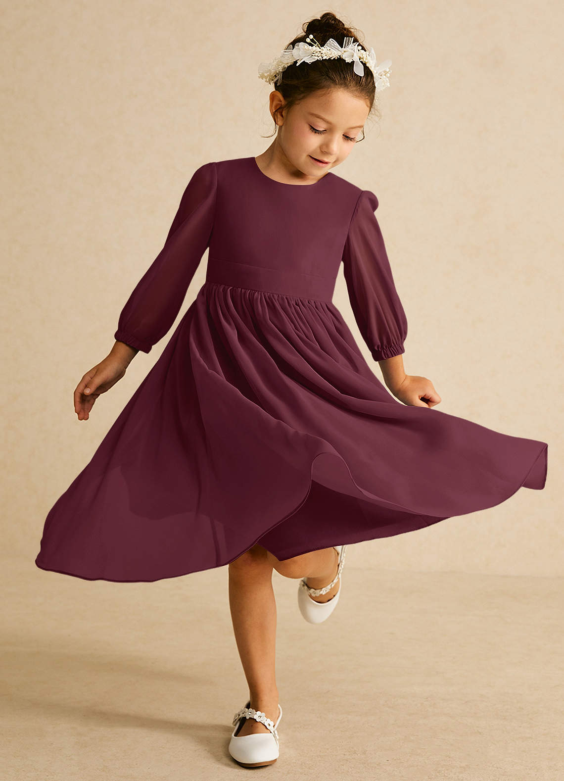 Azazie Lolo Flower Girl Dresses Cabernet A-Line with Sleeves Chiffon Dress image1
