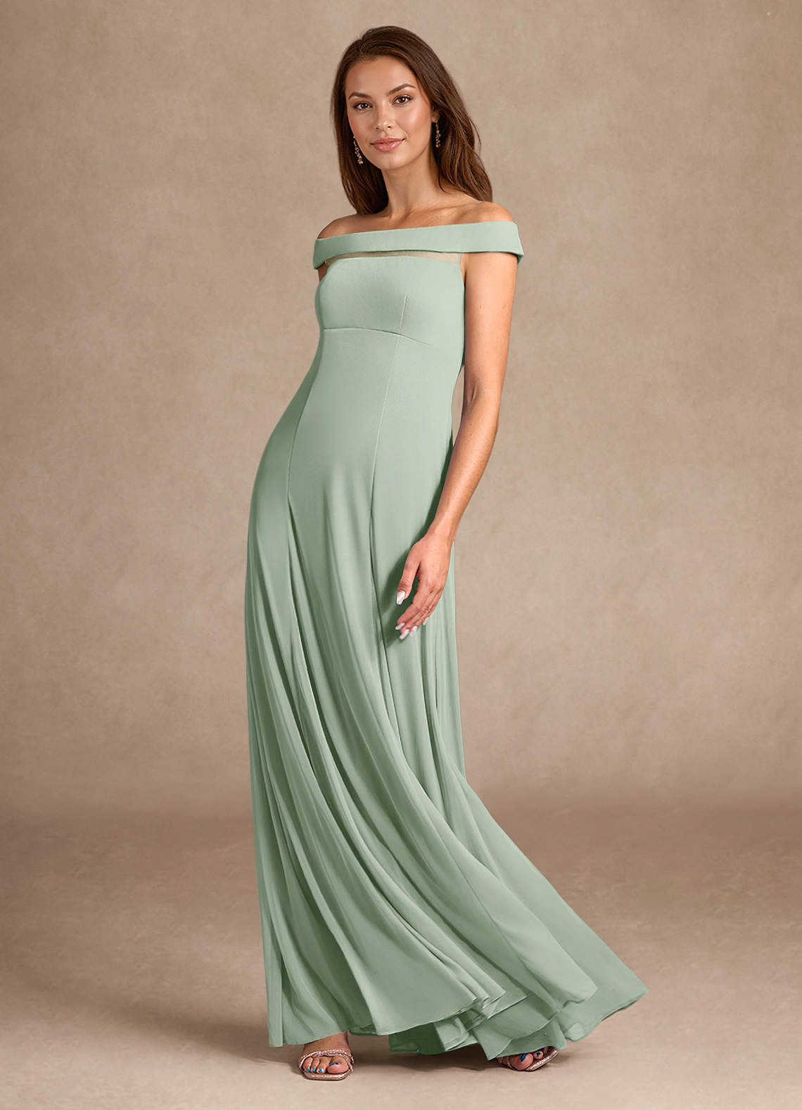 Azazie Ewa Mother of the Bride Dresses Dusty Sage A-Line Off the Shoulder Mesh Dress image5
