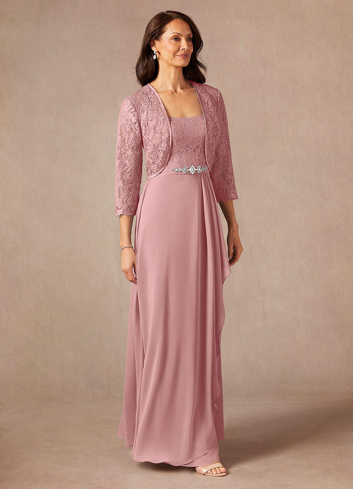 Azazie Ainsling Mother of the Bride Dresses Dusty Rose A-Line Square Neckline Lace Chiffon Dress image5