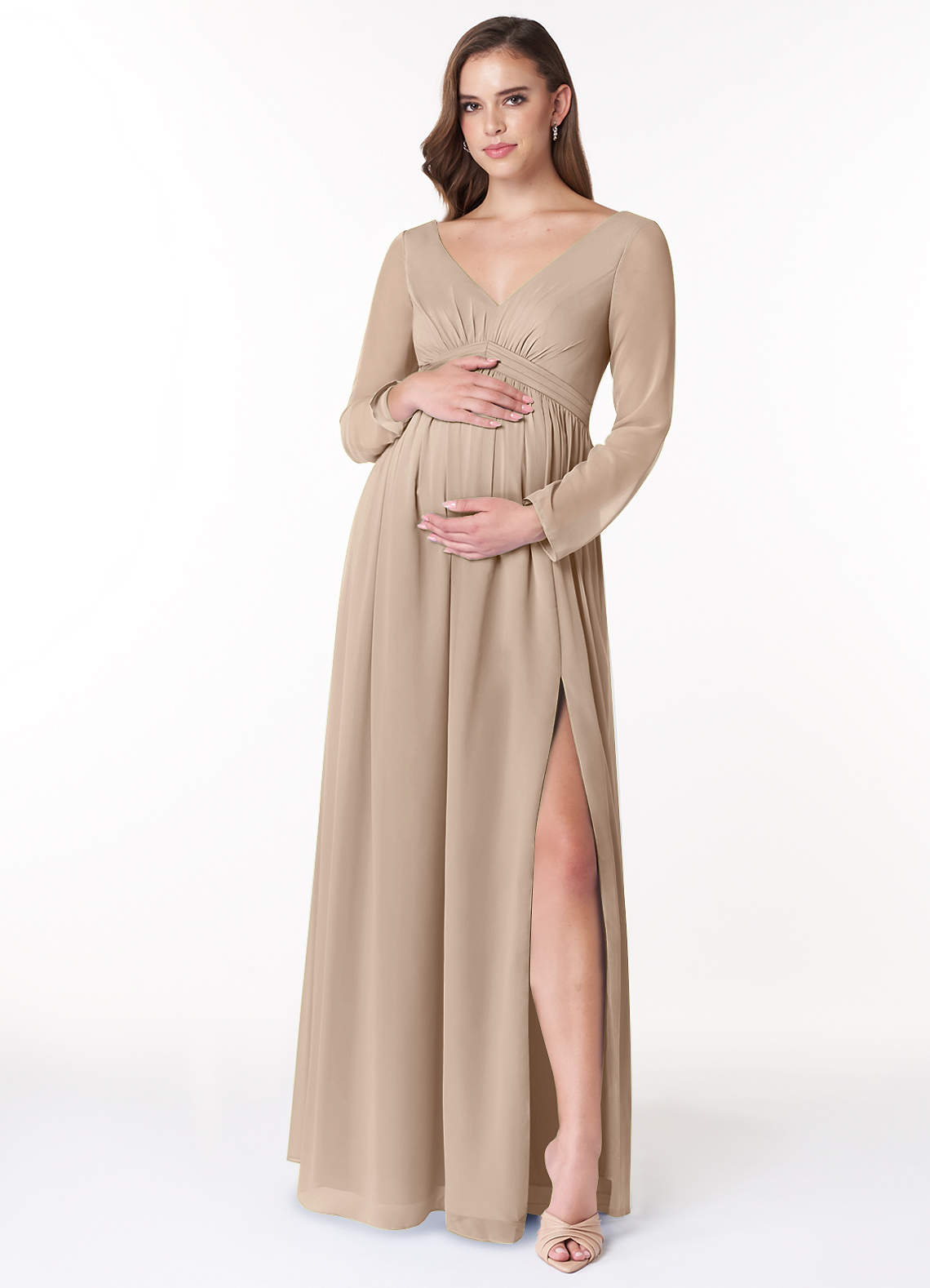 Azazie Teton Vestidos de dama de honra para maternidade Vestido Linha A Manga comprida Comprimento do chão Chiffon image1