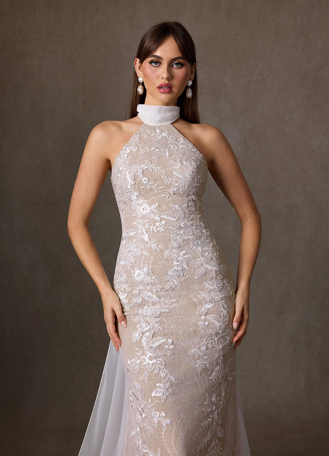 Azazie 2026 Sheath Boho Diamond White/Nude Vintage Wedding Dress Chapel Train Lace Halter Neck Embroidered Lace