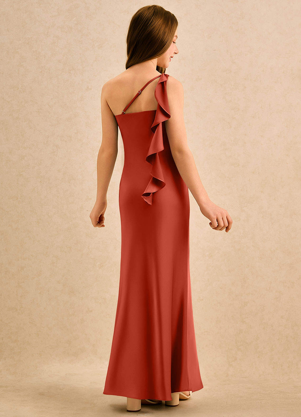 Azazie Almond Girls Formal Rust Sheath One Shoulder Stretch Satin Dress