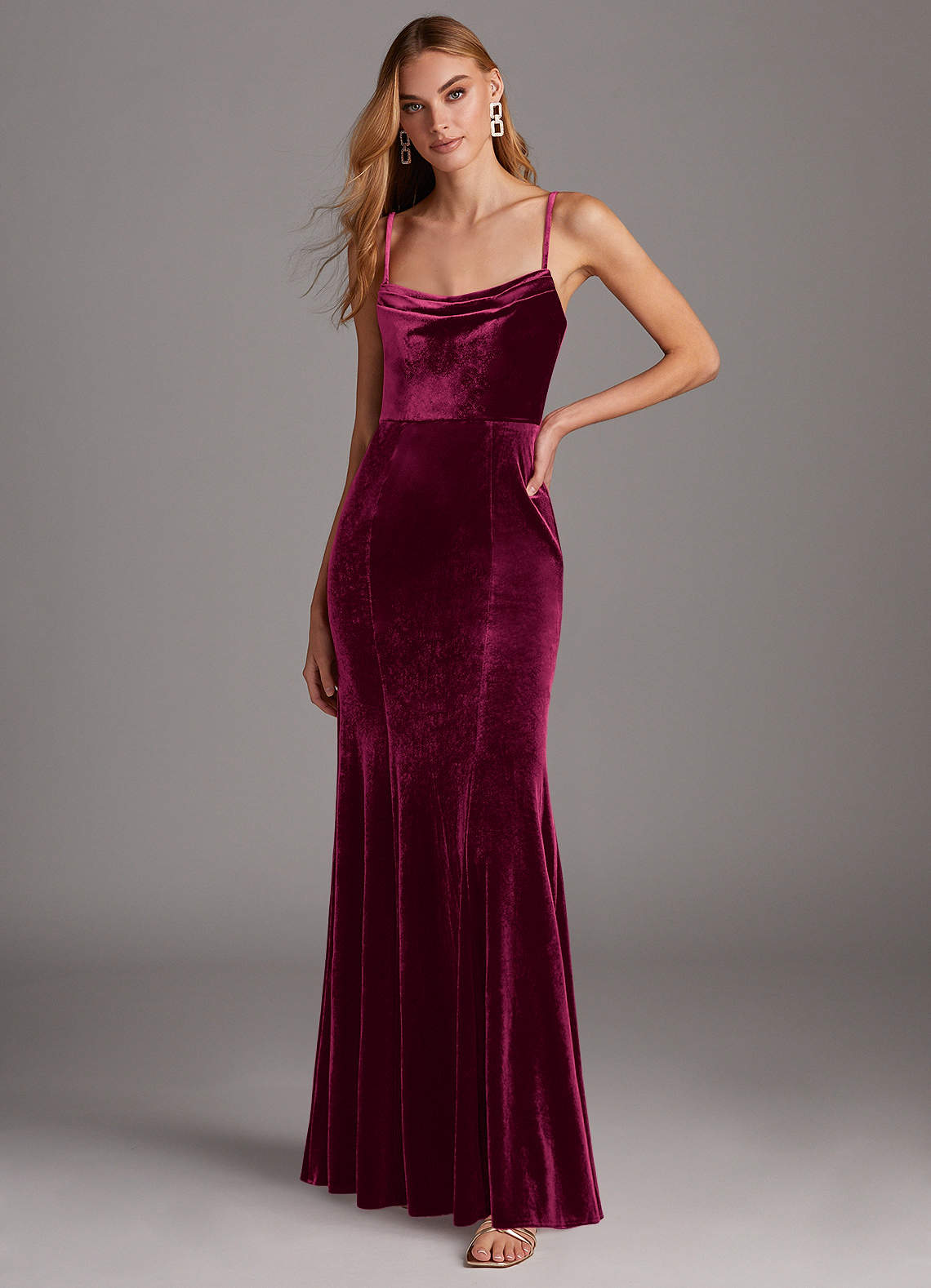 Azazie Solange Vestidos de damas de honor Vestido de Cabernet de terciopelo de Corte Recto con Plisado image1