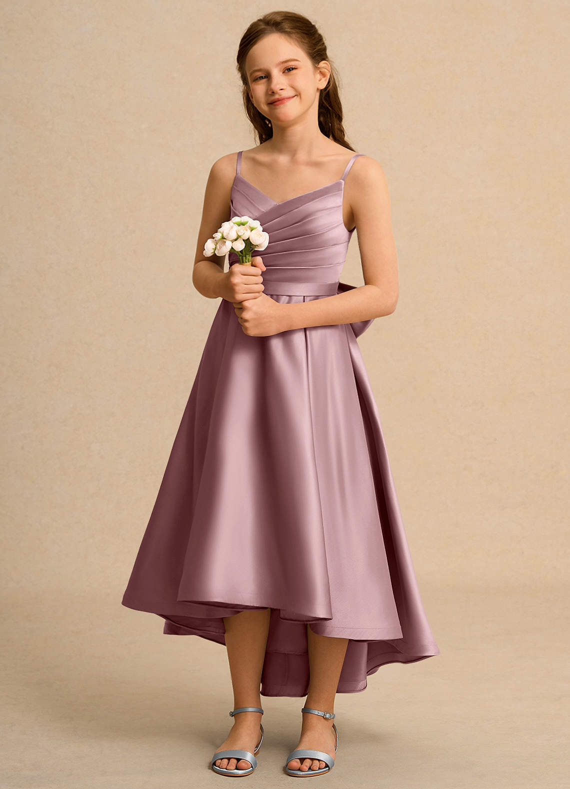 Azazie Sweets Girl Jurken voor bloemenmeisjes A-Lijn Jurk van Mat Satijn Geplooid Stoffige Roos image1