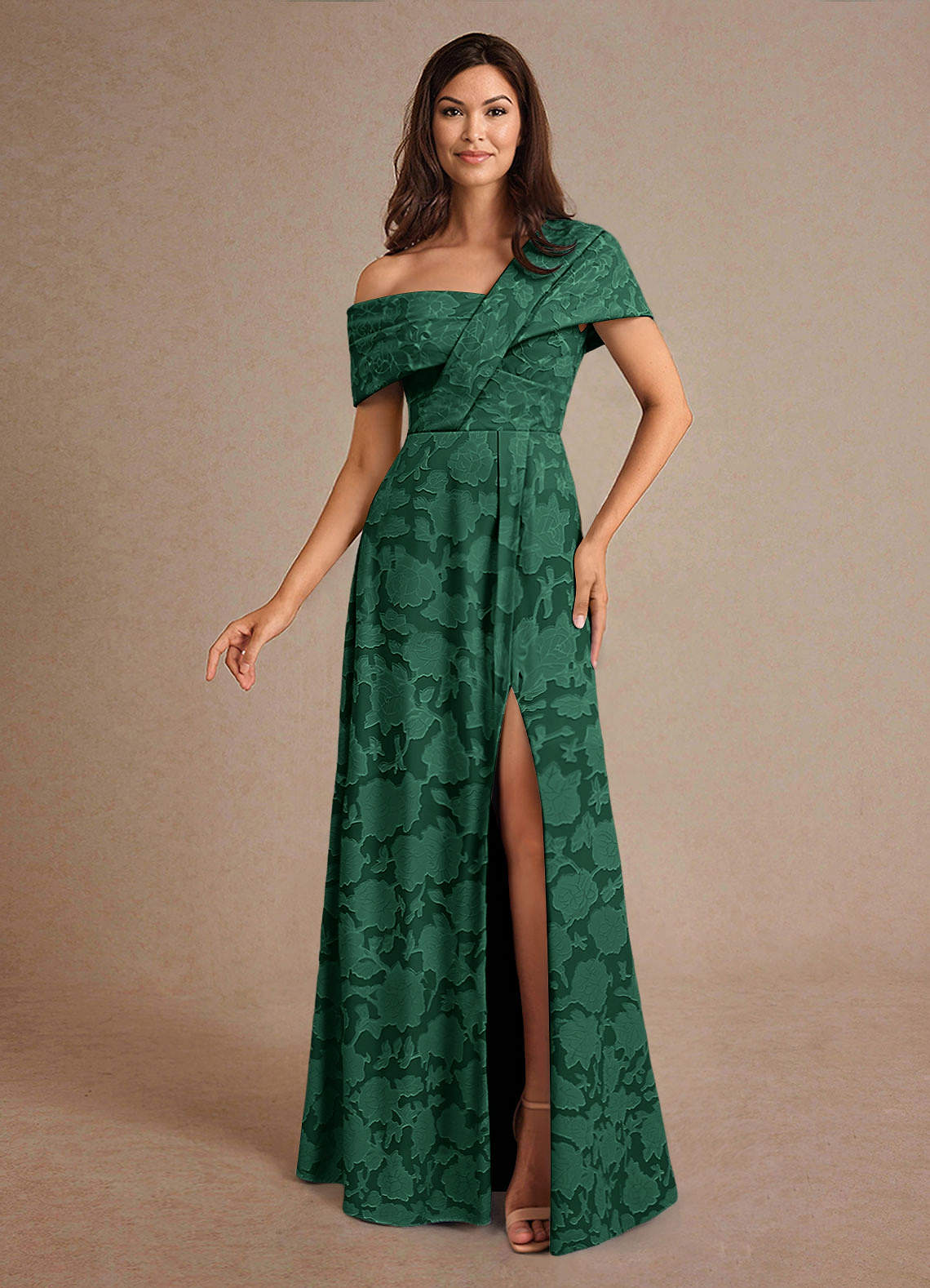 Azazie A-Line/Princess Asymmetrical neckline Floor-Length Floral Burnout Mother of the Bride or Groom Dresses - Dark Green