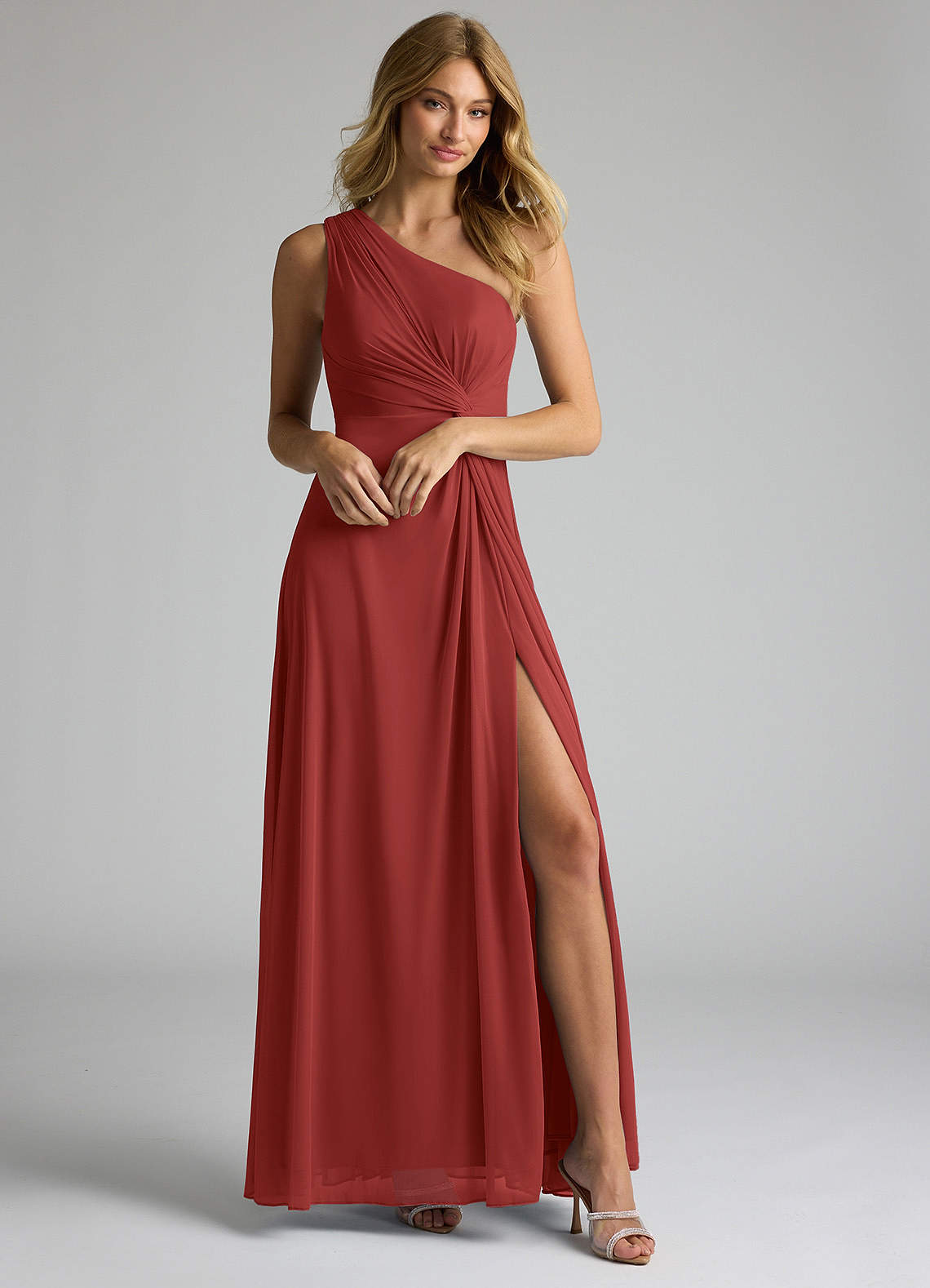 Azazie Brooke Bridesmaid Dresses Rust A-Line One Shoulder Mesh Dress image1