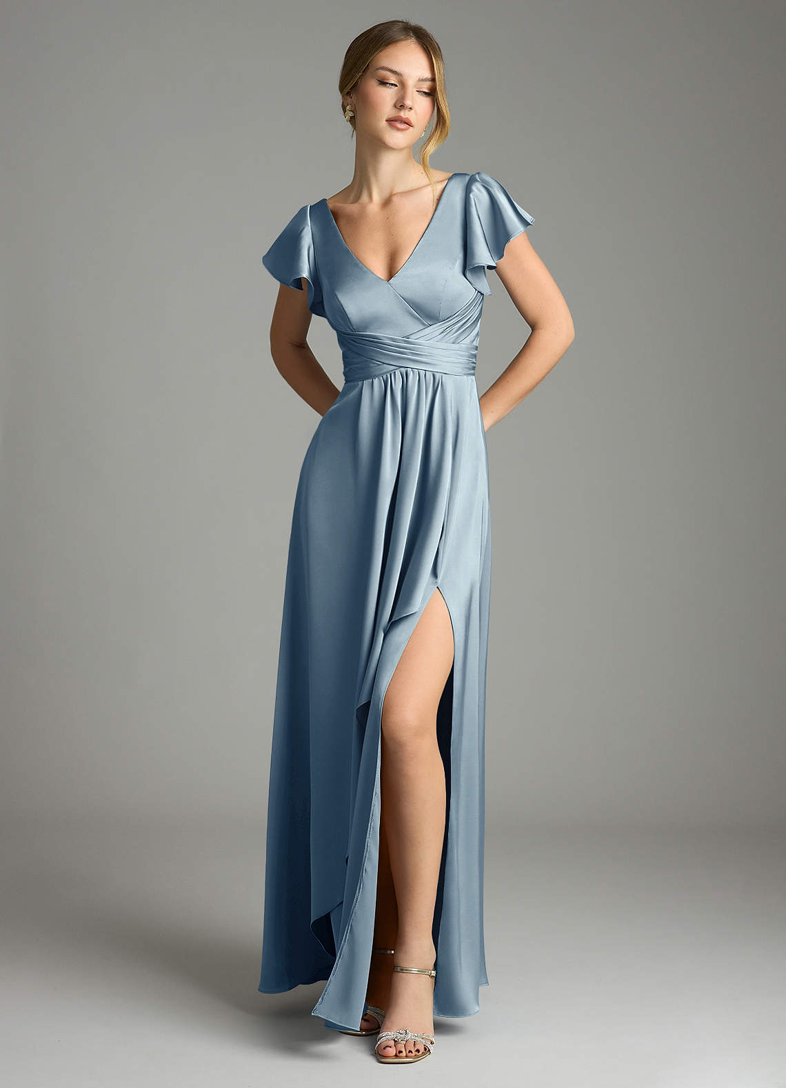 Azazie Omari Bridesmaid Dresses Dusty Blue A-Line Stretch Satin Dress image1