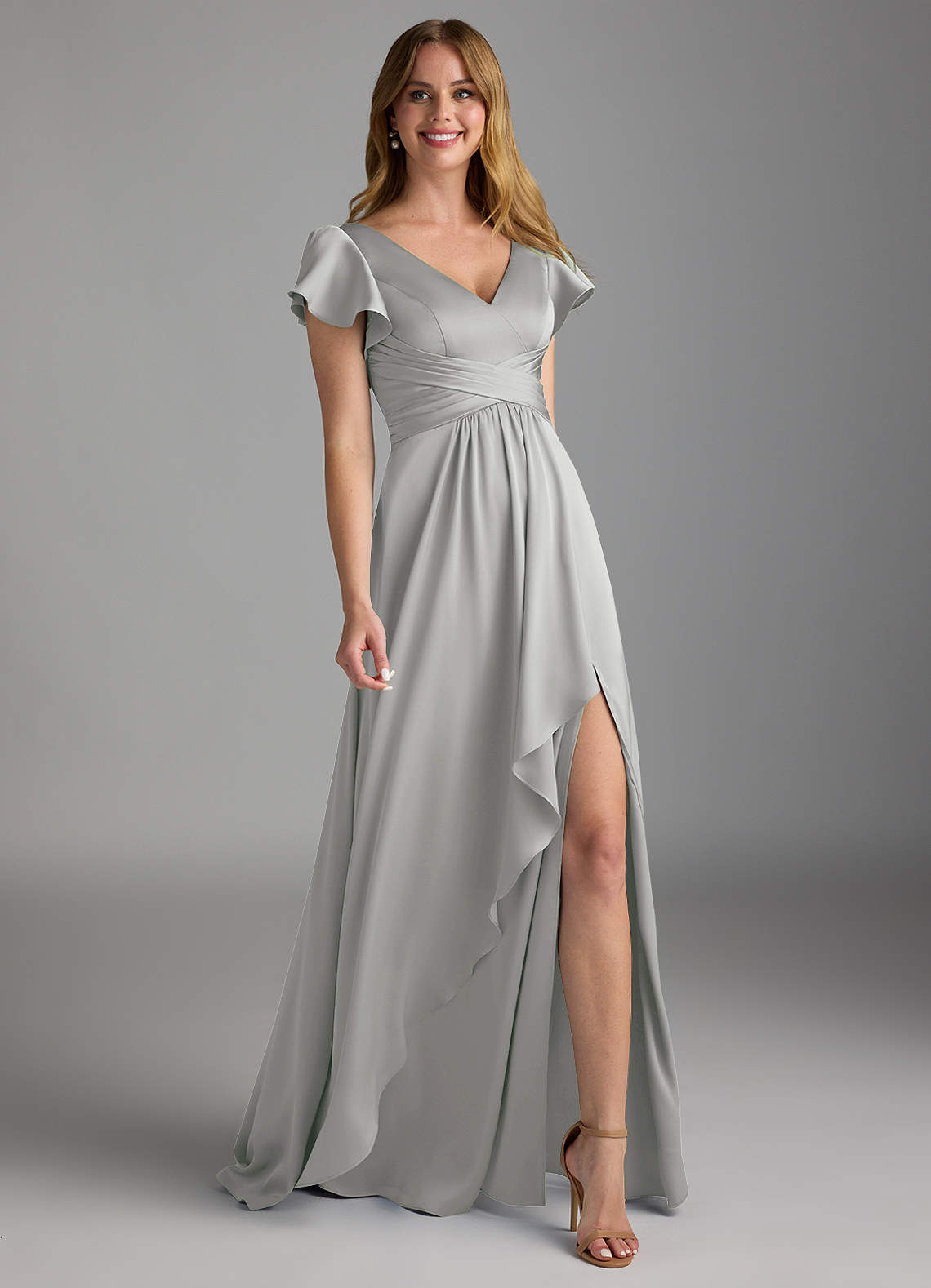 Azazie Omari Brautjungfernkleider A-Linie Stretch-Satin Kleid Silber image1