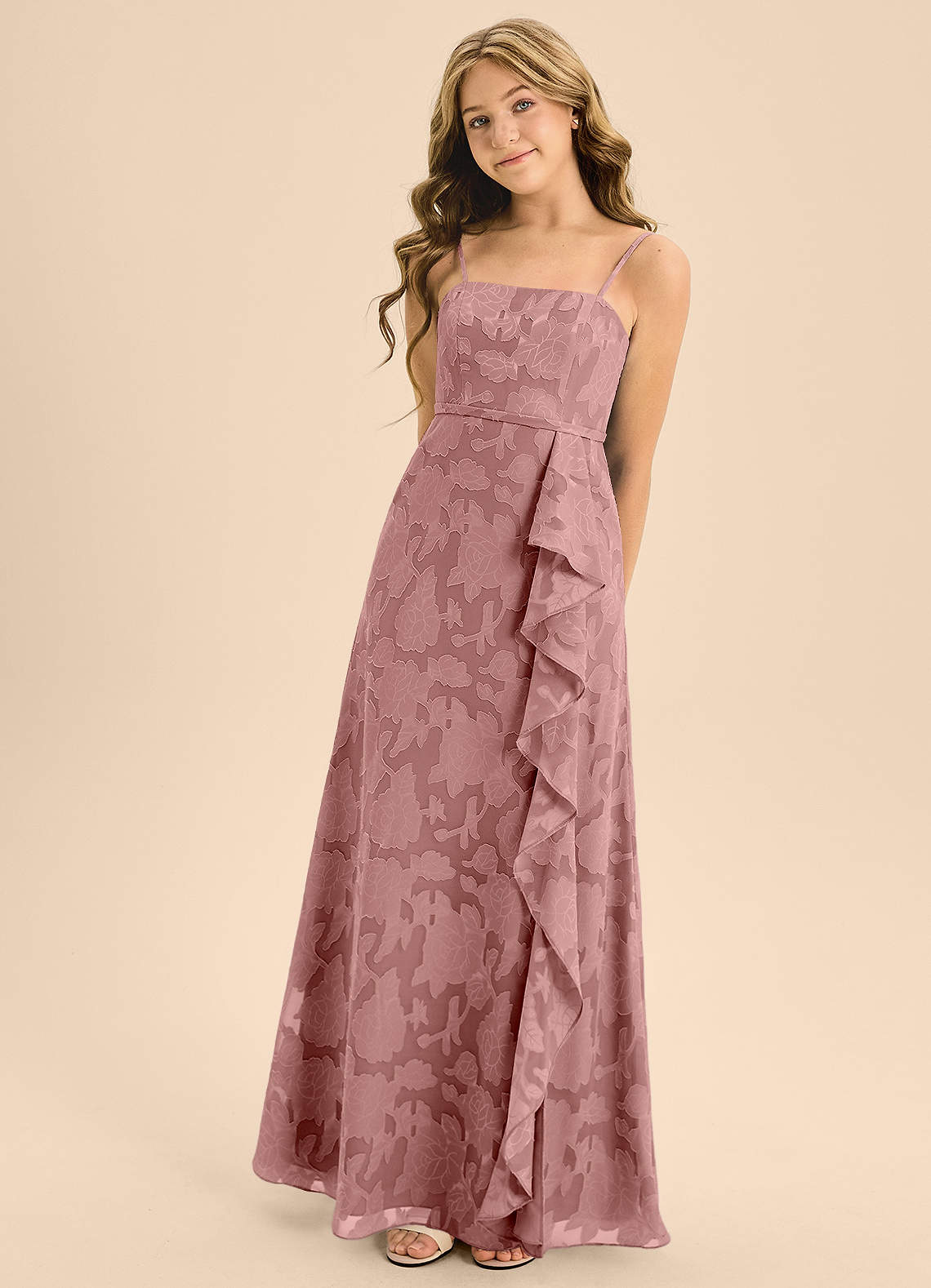 Azazie Kaylee Junior A-Linie Gürtel/Schärpe Blumen-Burnout Kleid Altrosa image1