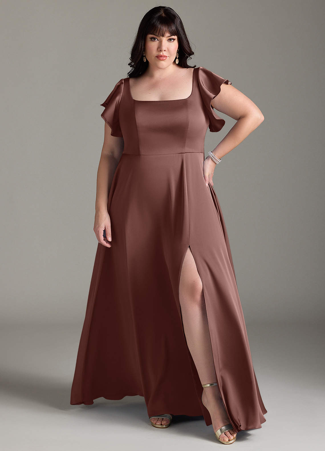 Azazie Bondi Vestidos de madrinha de casamento Vestir Café Expresso de Cetim elástico de Linha A com Arco image6