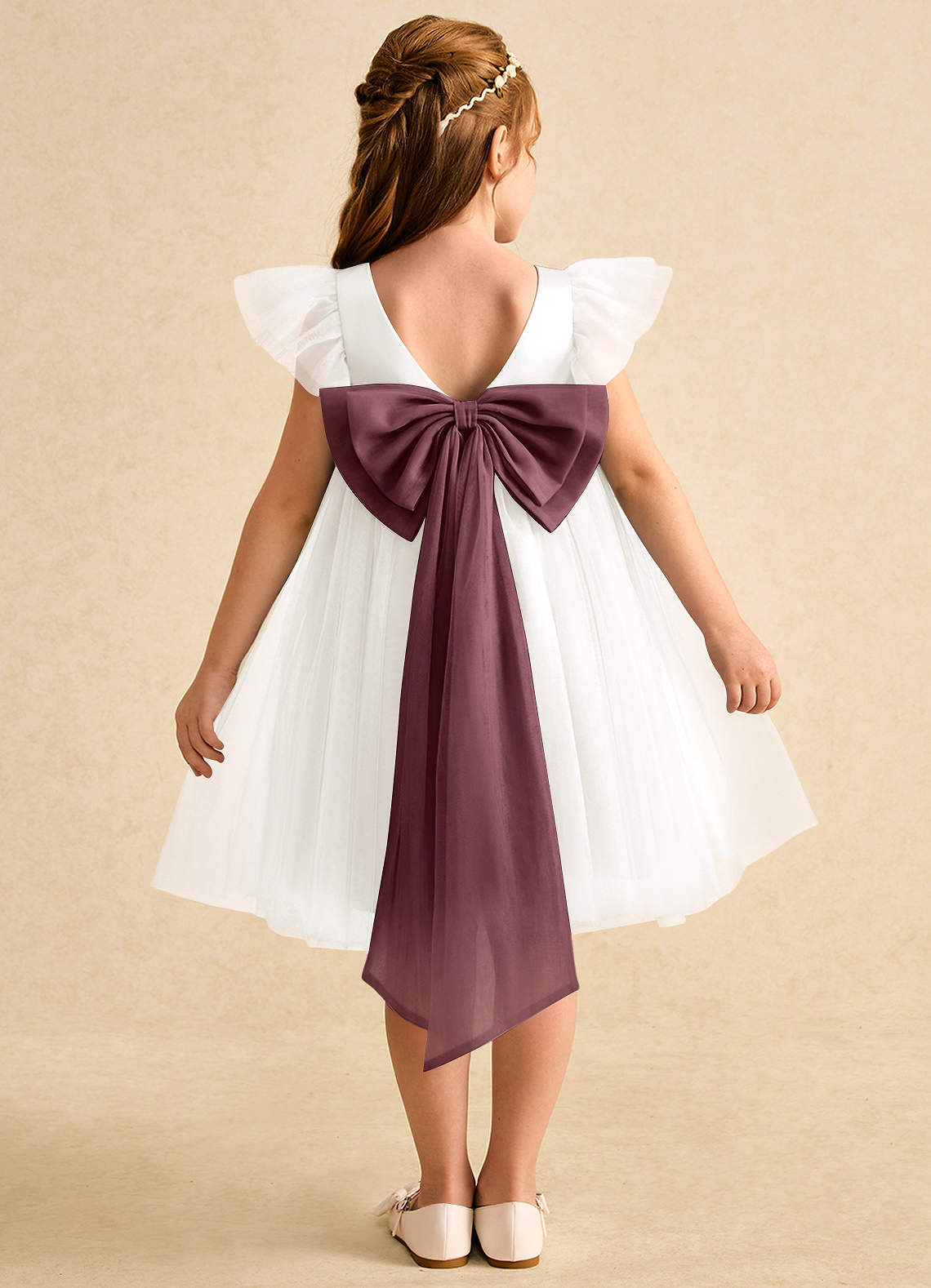 Azazie Munchkin Flower Girl Dresses Ivory Sangria A-Line Bow Tulle Dress image1