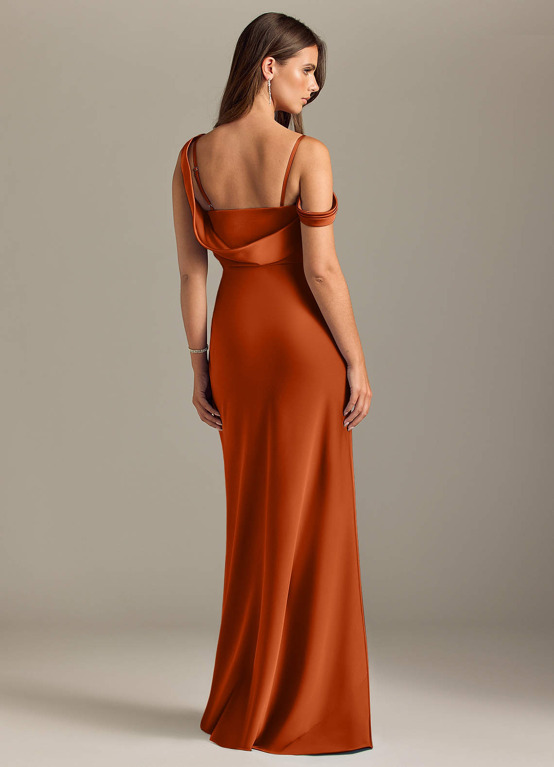 Azazie Madelyn Bridesmaid Dresses Burnt Orange Mermaid Off the Shoulder Stretch Satin Convertible Dress image1