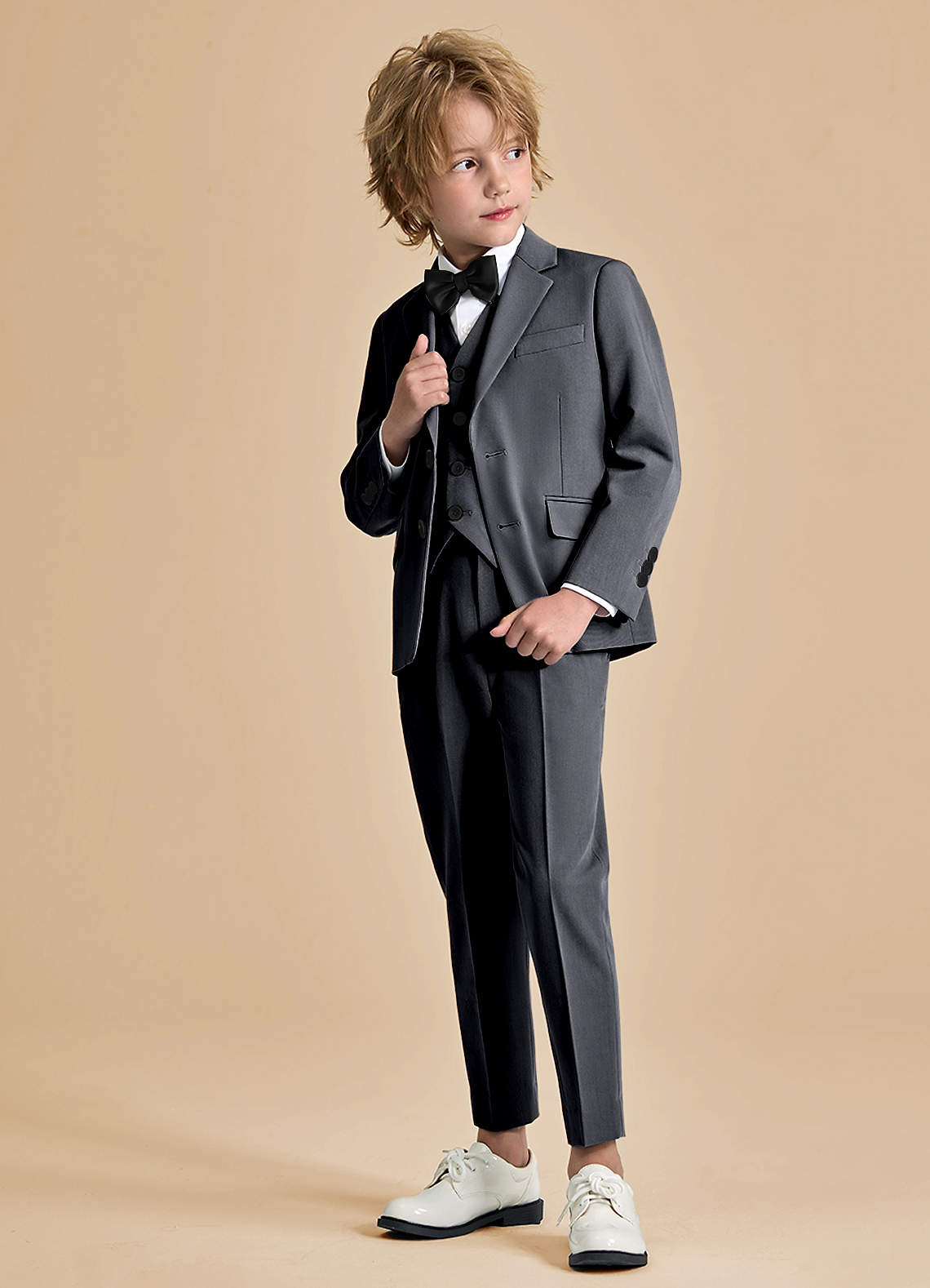 front Oliver Boys Charcoal 5-Piece Suit With Bow Tie