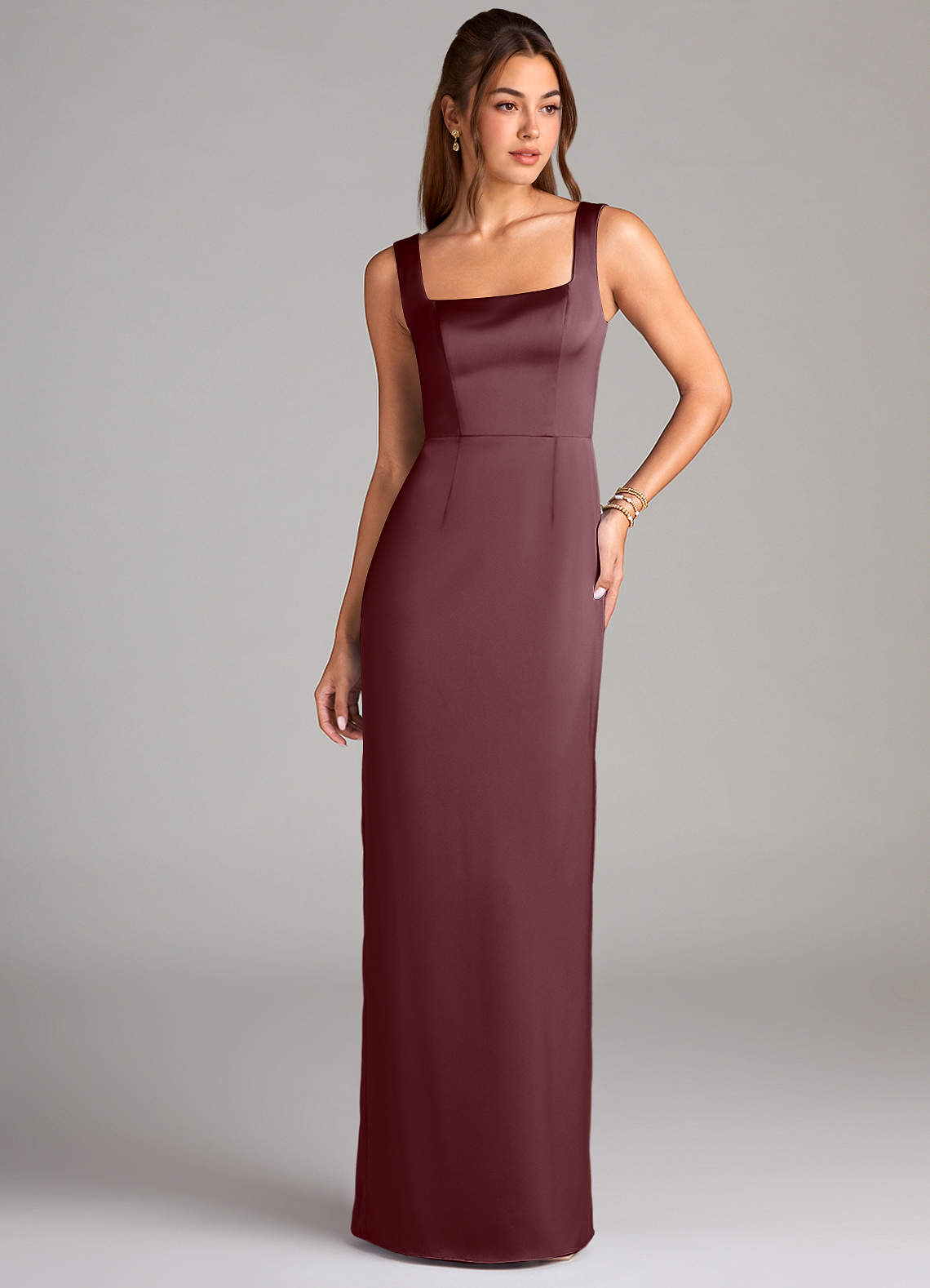Azazie Flori Bridesmaid Dresses Sangria Sheath Side Slit Stretch Satin Dress image1