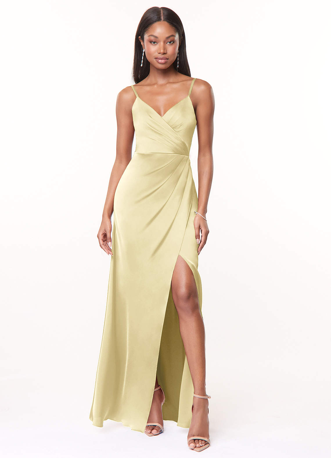 Azazie Maci Bridesmaid Dresses Lemon Sorbet A-Line V-Neck Pleated Stretch Satin Dress image1