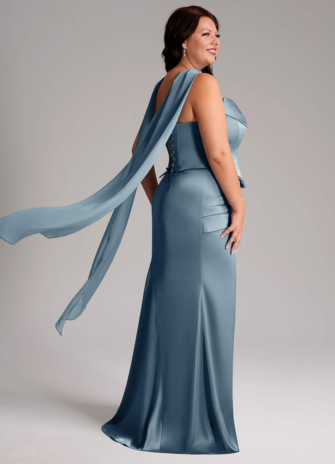 Azazie Sorrel Bridesmaid Dresses Dusty Blue Mermaid Strapless Stretch Satin Convertible Dress image7