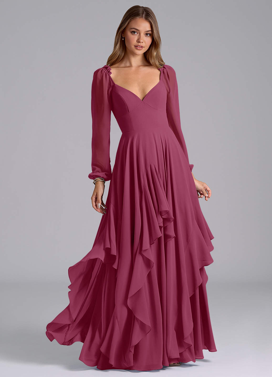Azazie Karan Bridesmaid Dresses Mulberry A-Line Long Sleeve Chiffon Dress image1