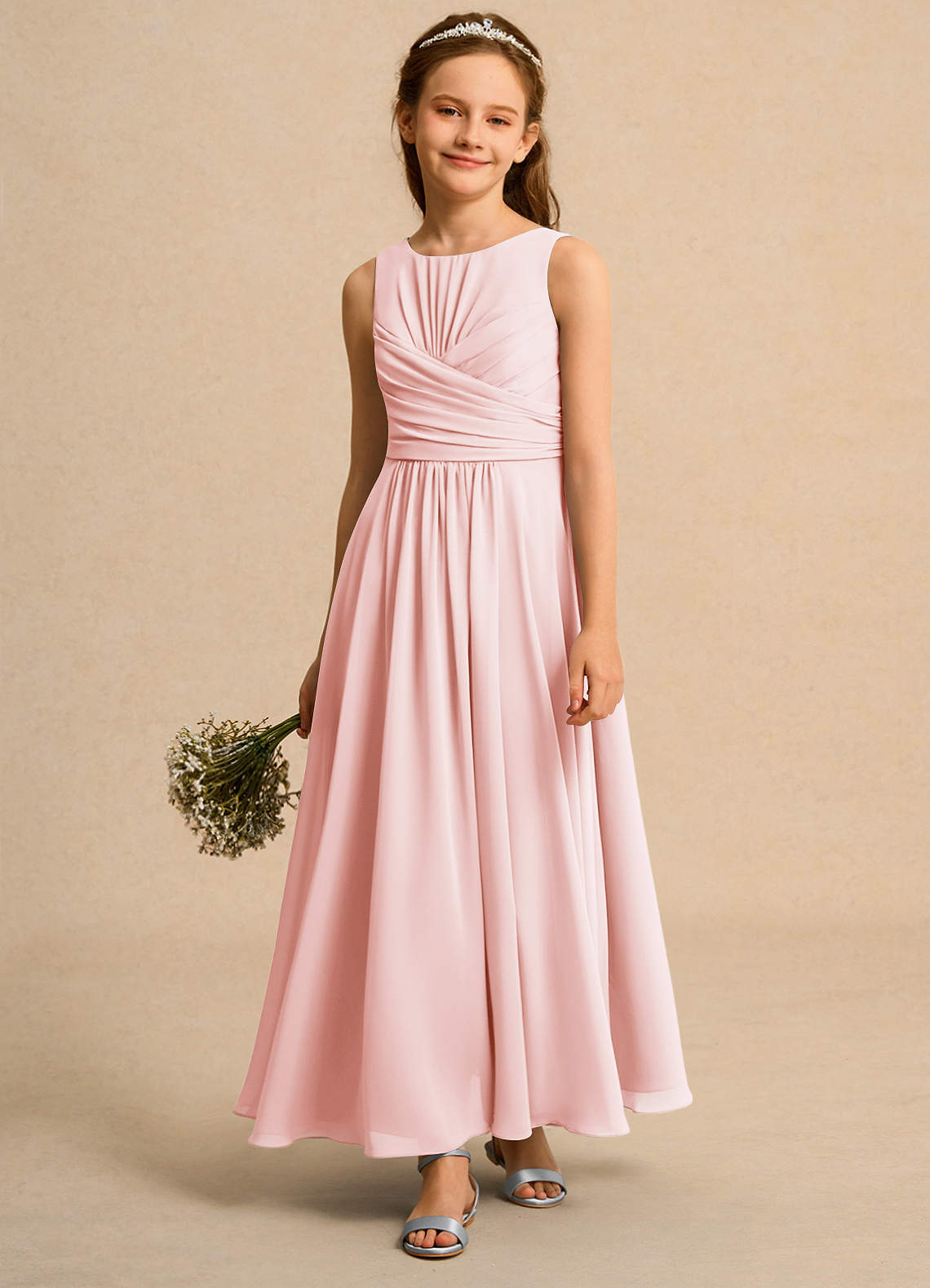 Azazie Ducky Girls Formal Sukienki dla dziewczynek sypiących kwiaty Linia A Pofałdowany Szyfon Długość kostki Sukienka image3