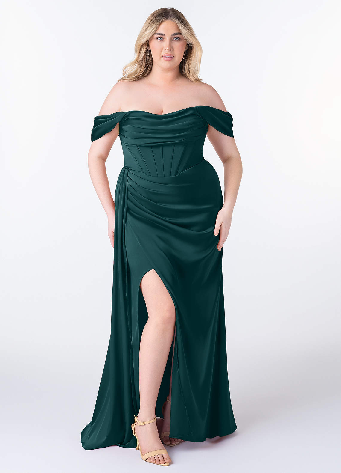 Azazie Amyra Bridesmaid Dresses Pine Sheath Off the Shoulder Stretch Satin Convertible Dress image1