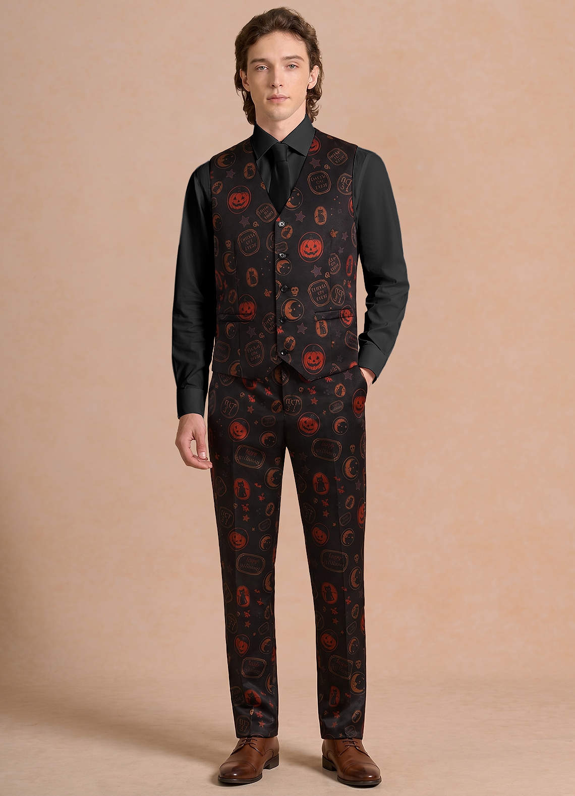 front Caleb Black Vintage Halloween Print Suit Vest