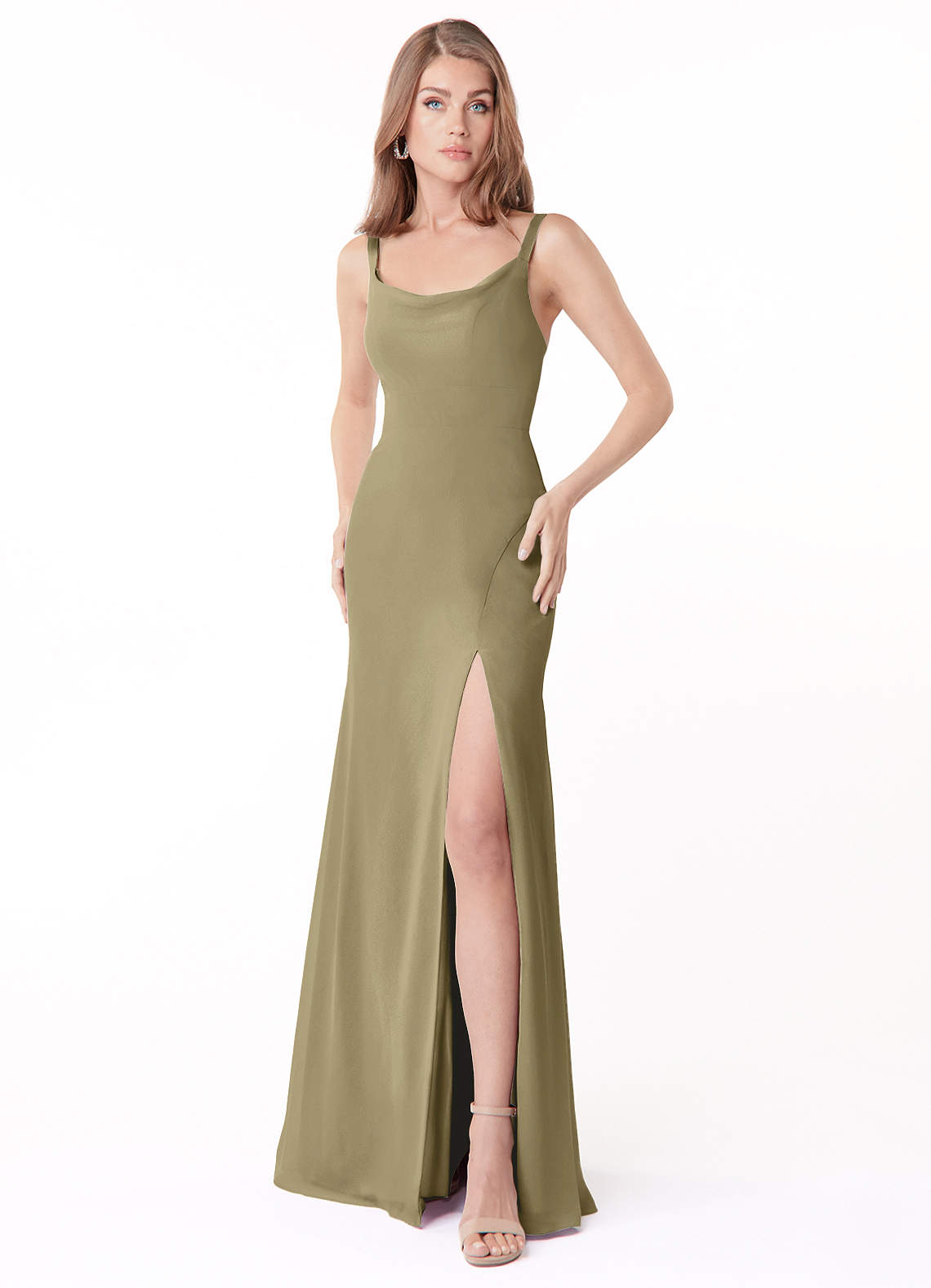 Azazie Salma Robes de demoiselle d'honneur Robe Fourreau en Mousseline de soie Fente Latérale Vert Mousse image1
