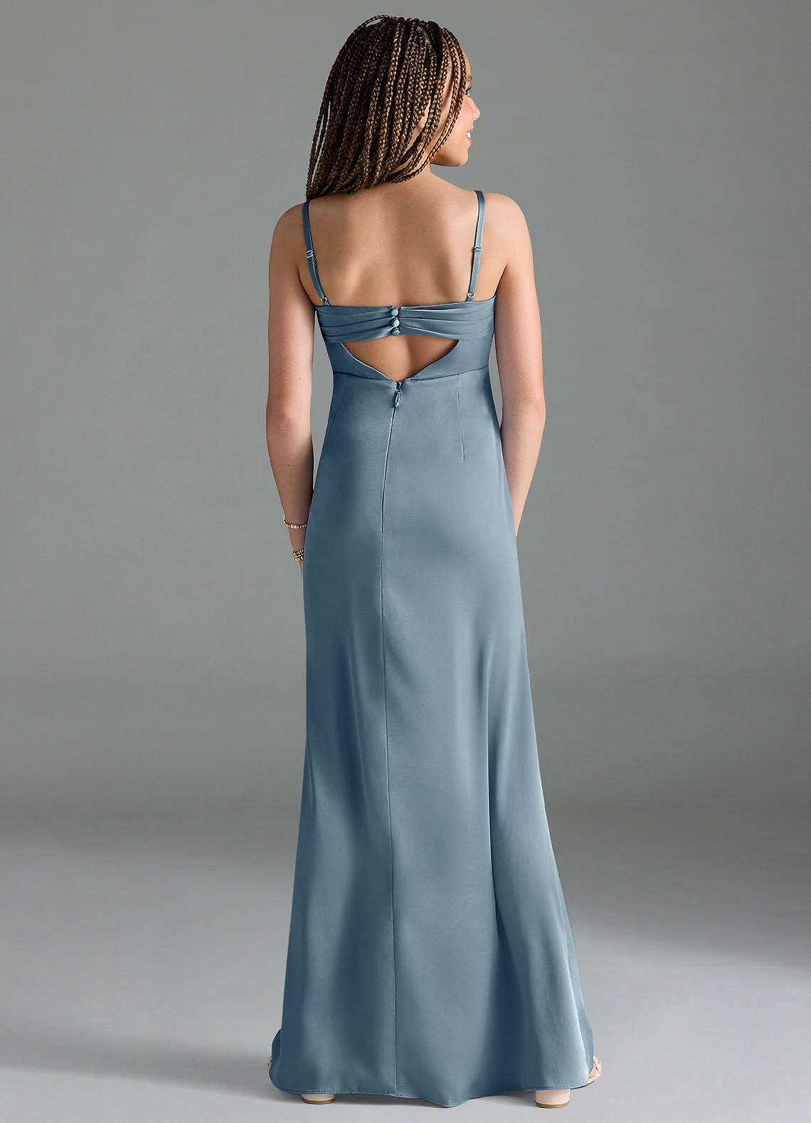 Azazie Leonis Junior Dusty Blue A-Line Pleated Stretch Satin Dress image1