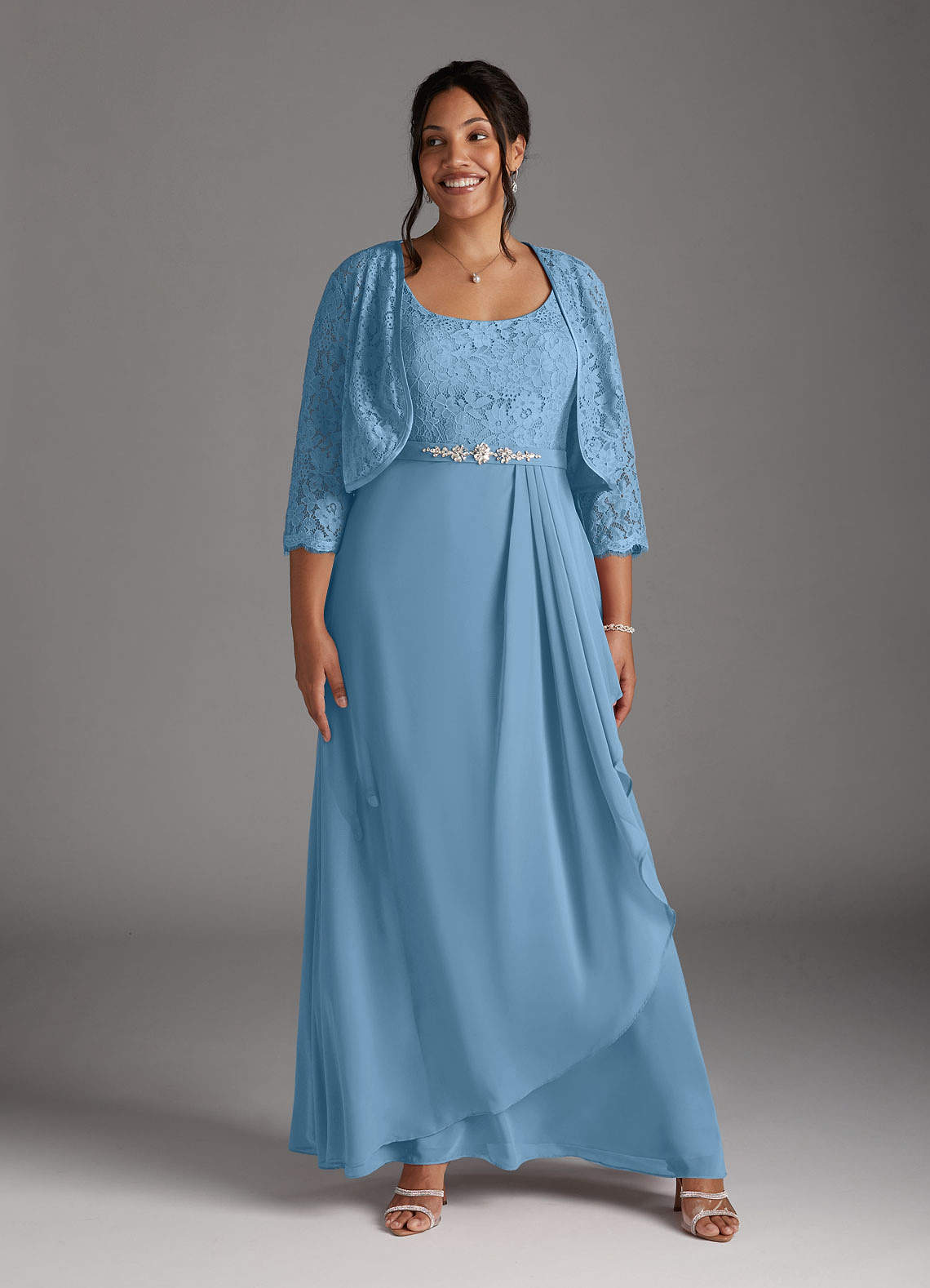 Azazie Ainsling Kleider für die Brautmutter A-Linie Quadratischer Ausschnitt Spitze Chiffon Kleid Stahlblau image1