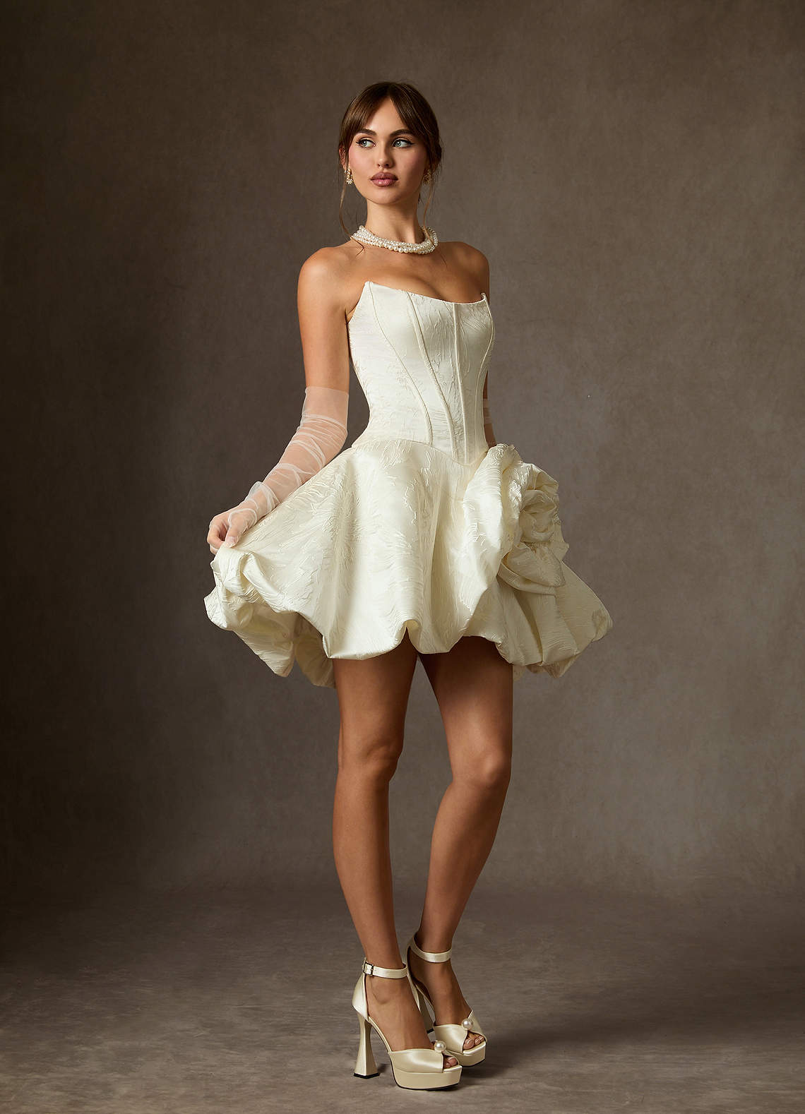 Azazie Kloe Wedding Dresses Antique White Ball-Gown Strapless Floral Jacquard Dress image3