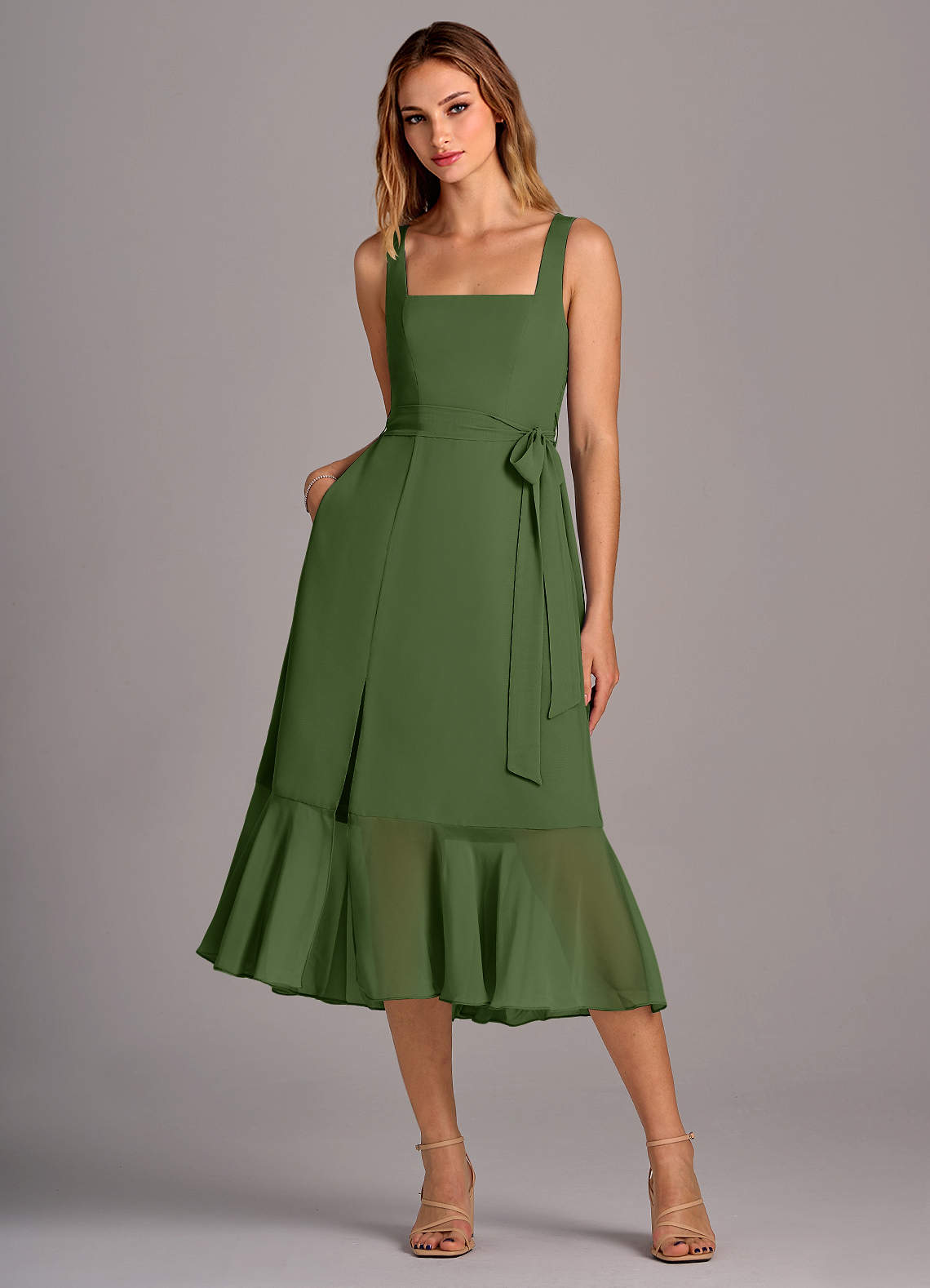 Azazie Deb Bridesmaid Dresses Olive A-Line with Pockets Chiffon Convertible Dress image1