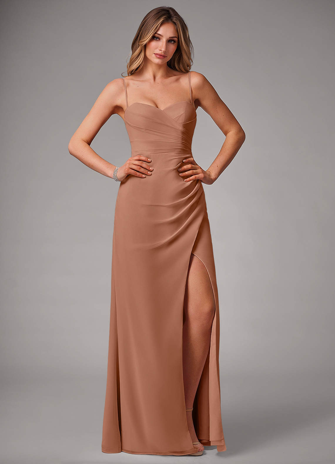 Azazie Haisley Bridesmaid Dresses Bronzer Sheath Off the Shoulder Chiffon Convertible Dress image1