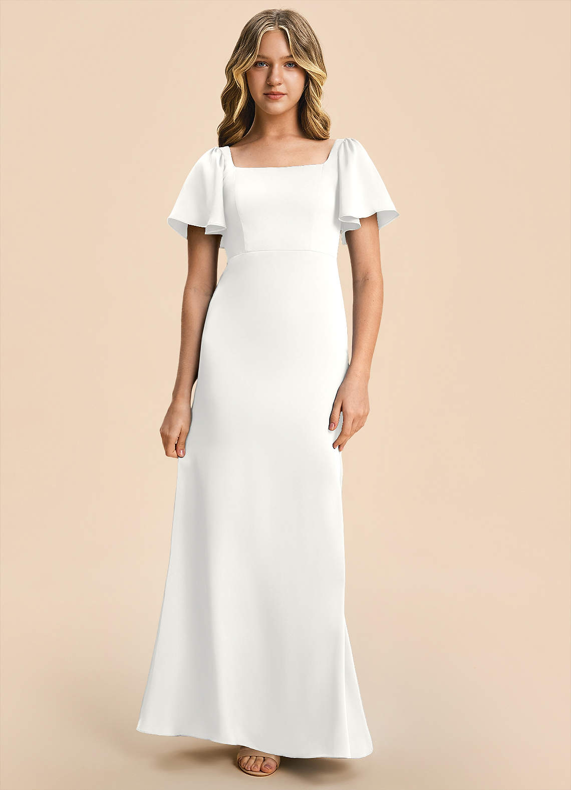 Azazie Sheath Square Neck Floor-Length Stretch Satin Junior Bridesmaid Dresses