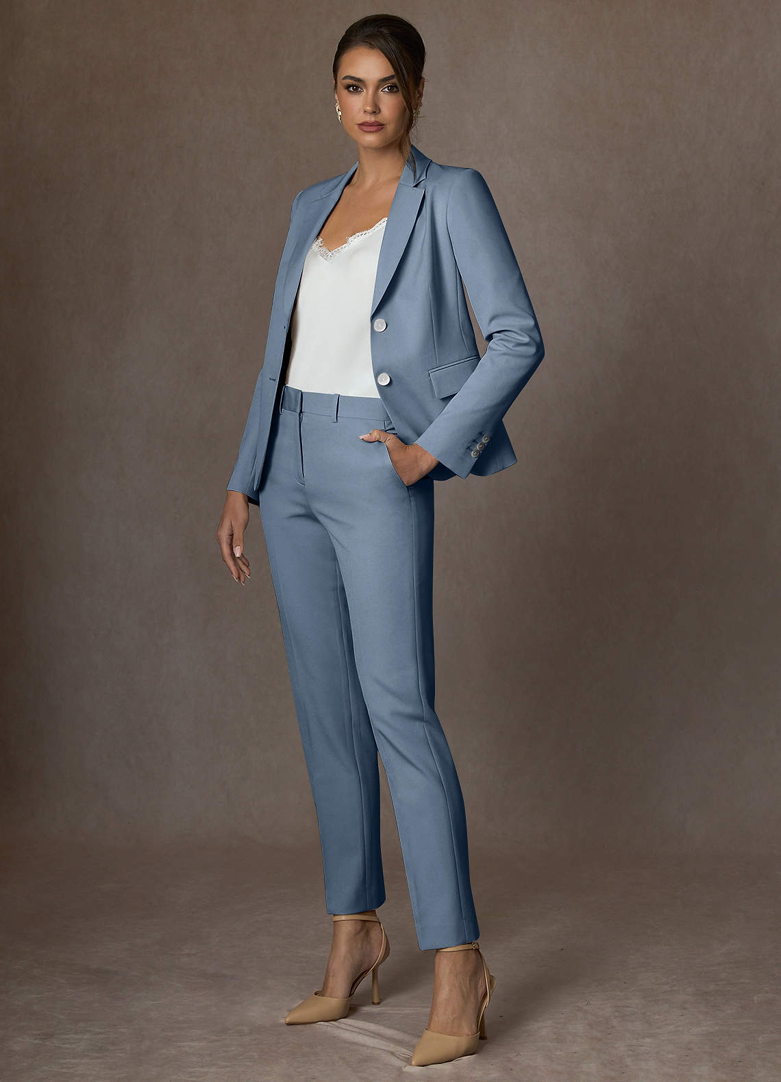 front Whitney Dusty Blue Structured Stretch Blazer