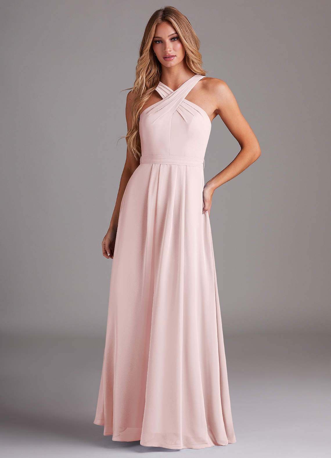 Azazie Dixie Bridesmaid Dresses Blushing Pink A-Line Halter Pleated Chiffon Dress image1