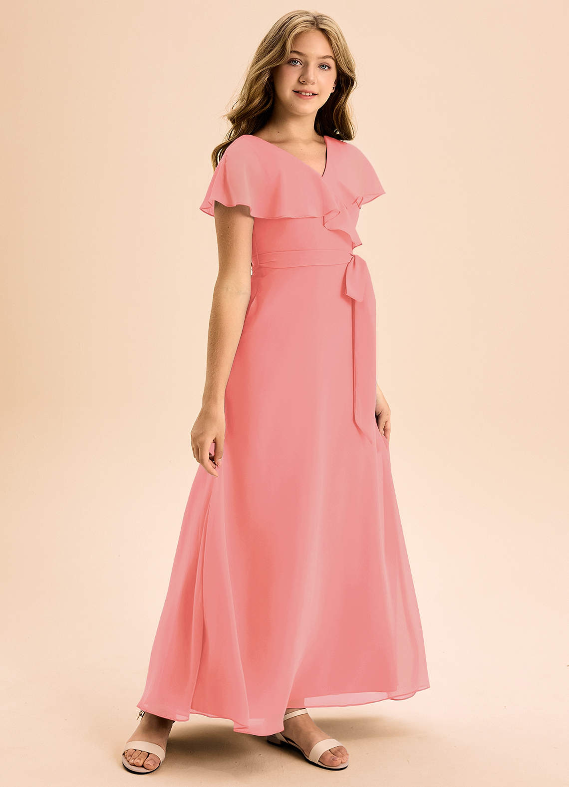 Azazie Lainey Junior Abito A-Line in Chiffon Con Tasche Corallo image1